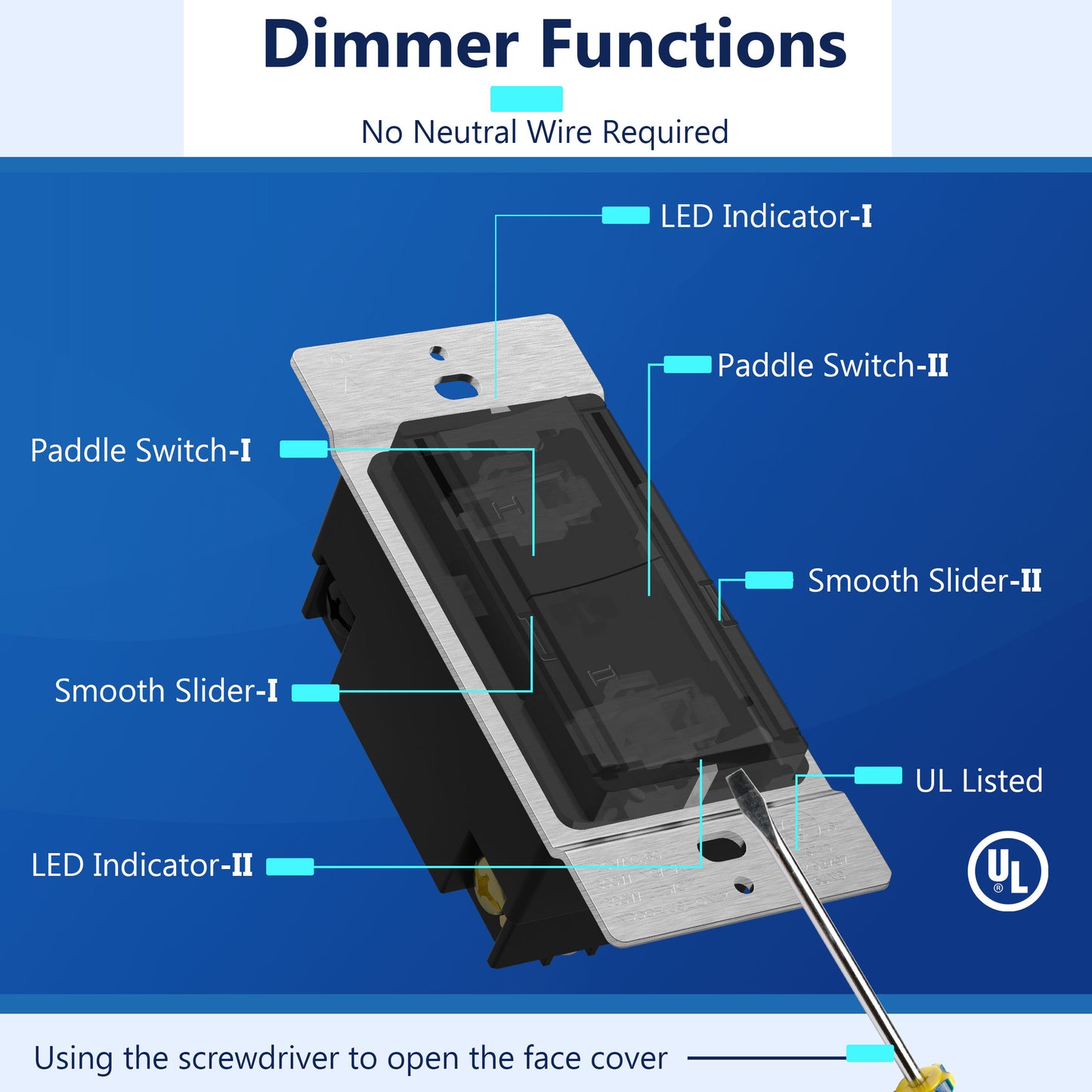 Dual Rocker Light Switch and Slide LED Dimmer, Combination Light Switch and Dimmer, Single-Pole, No Neutral Required, Wall Plate Included