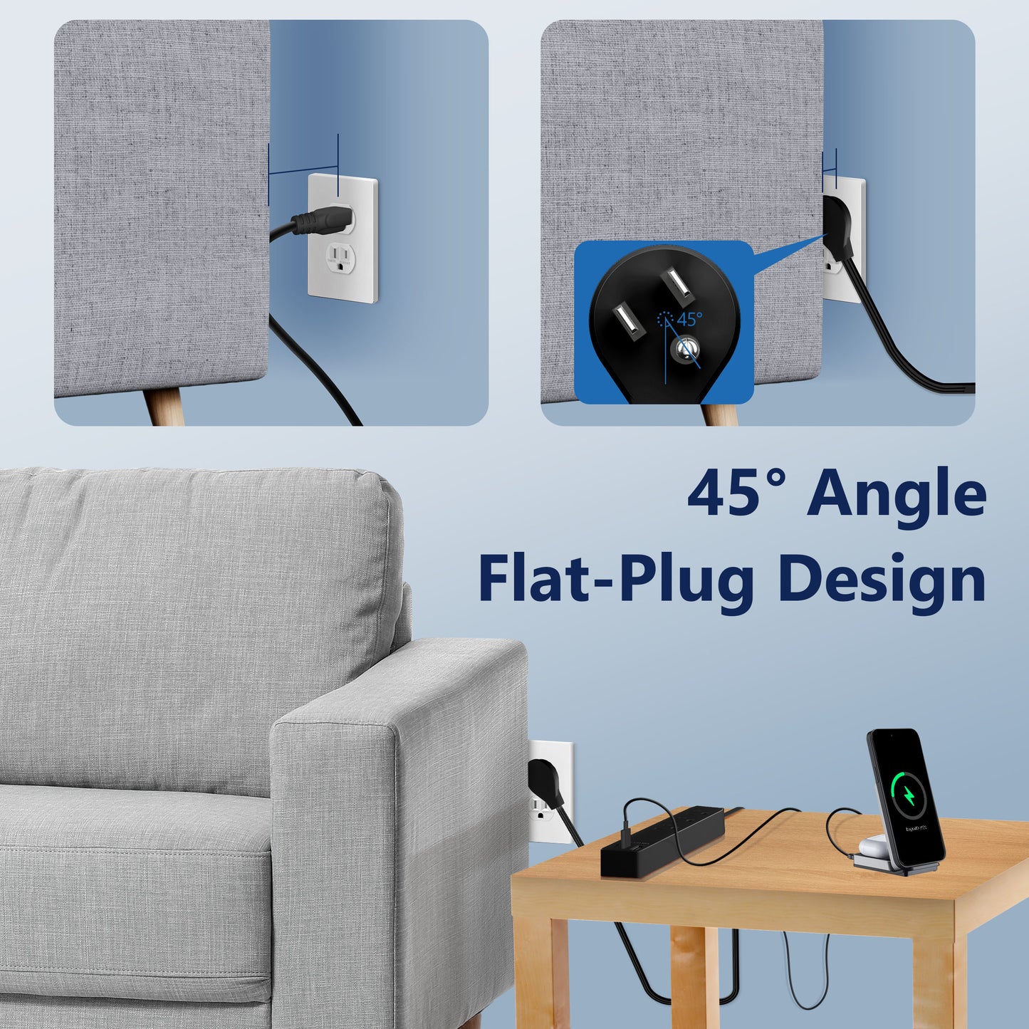 3-Outlet Power Strip with USB Type A and C Charger, 1 Type A and 2 Type C Ports, Max 4.2A, Off Set 45-degree Angle Thin Plug, 5 Feet Extension Cord