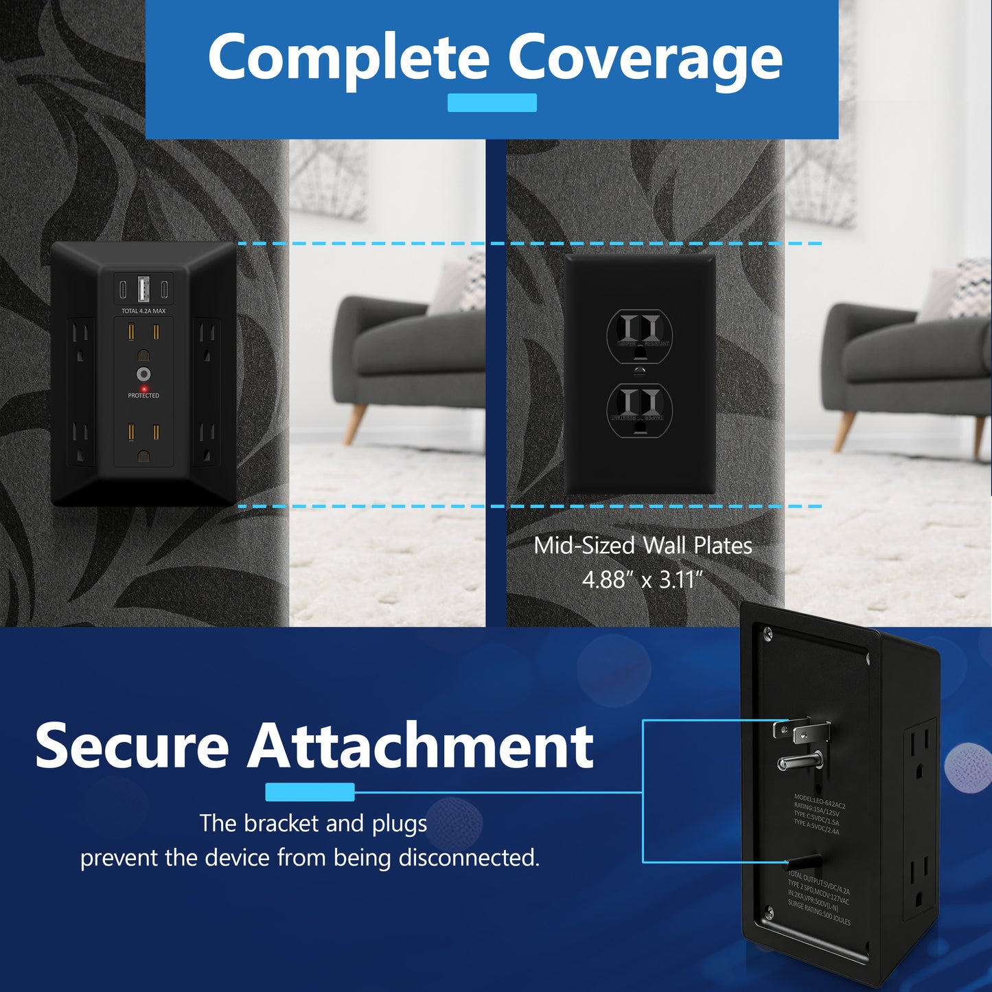 6-Outlet Surge Protector Expander with USB Type A/C, 1 Type A and 2 Type C Ports (4.2A Max), LED Surge Protection Indicator, Protect Up to 1500J, Compatible with Decorator and Standard Duplex
