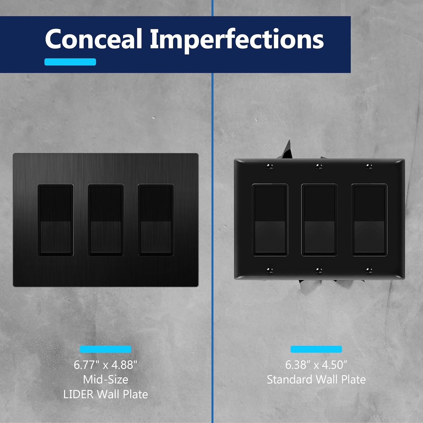 Screwless Metal Decorator Wall Plate, Temperature and Impact Resistant, 3-Gang, Mid-Size