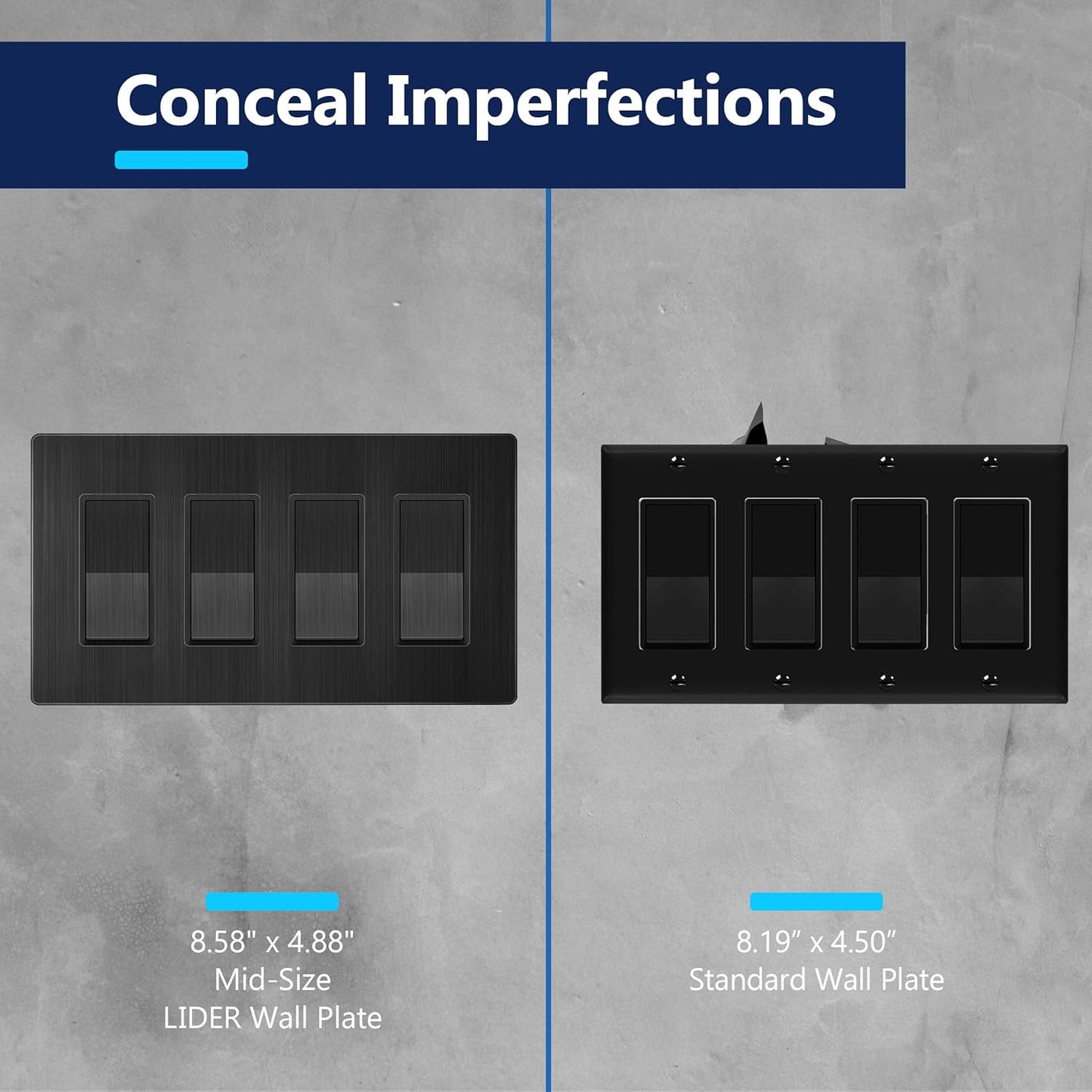 Screwless Metal Decorator Wall Plate, Temperature and Impact Resistant, 4-Gang, Mid-Size
