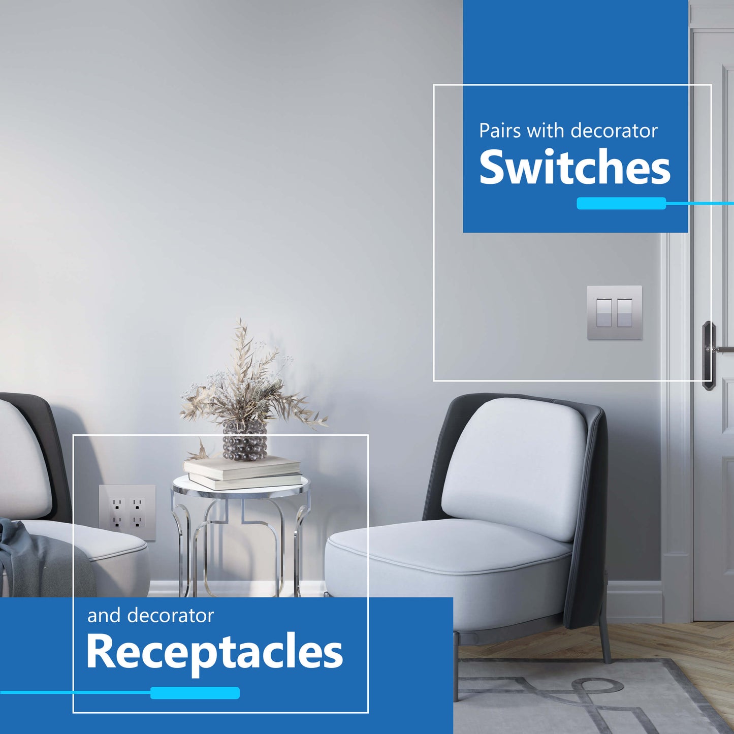 Decorator Screwless Wall Plate, Polycarbonate Thermoplastic/Mirrored Acrylic, Temperature and Impact Resistant, 2-Gang, Mid-Size