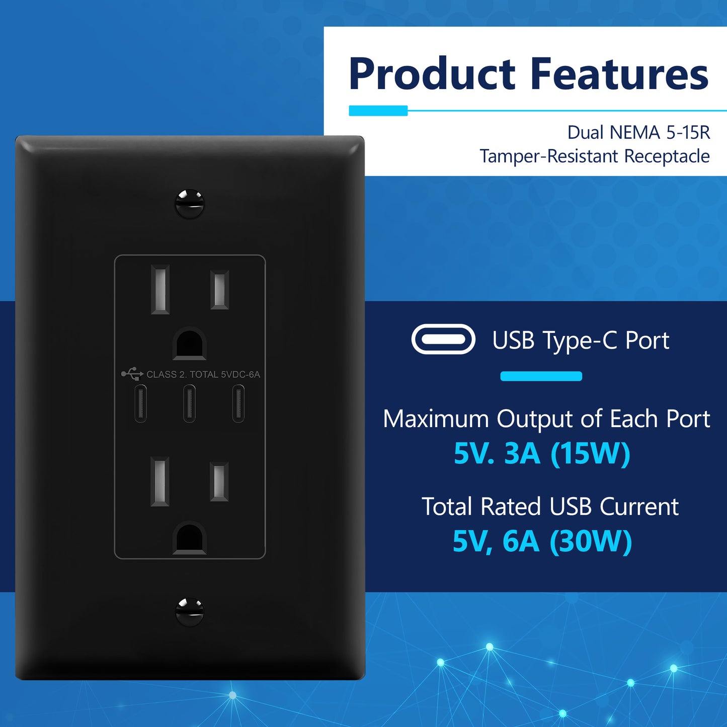 USB Type-C charger with 15A Tamper-Resistant Receptacles, Duplex Receptacle with 3 USB Type-C Charging Ports, Interchangeable Face Cover, Wall Plate Included