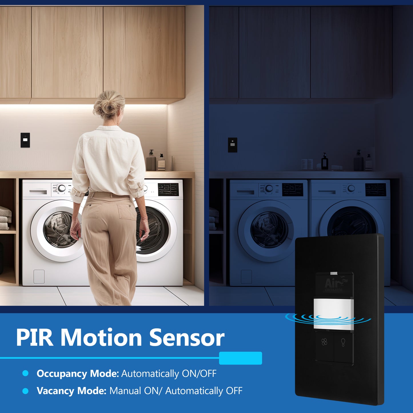 Dual Technology Fresh Air Circulator Timer and PIR Motion Sensor Light Switch, Wall Plate Included, Ground Only, No Neutral Wire Required, Single-Pole