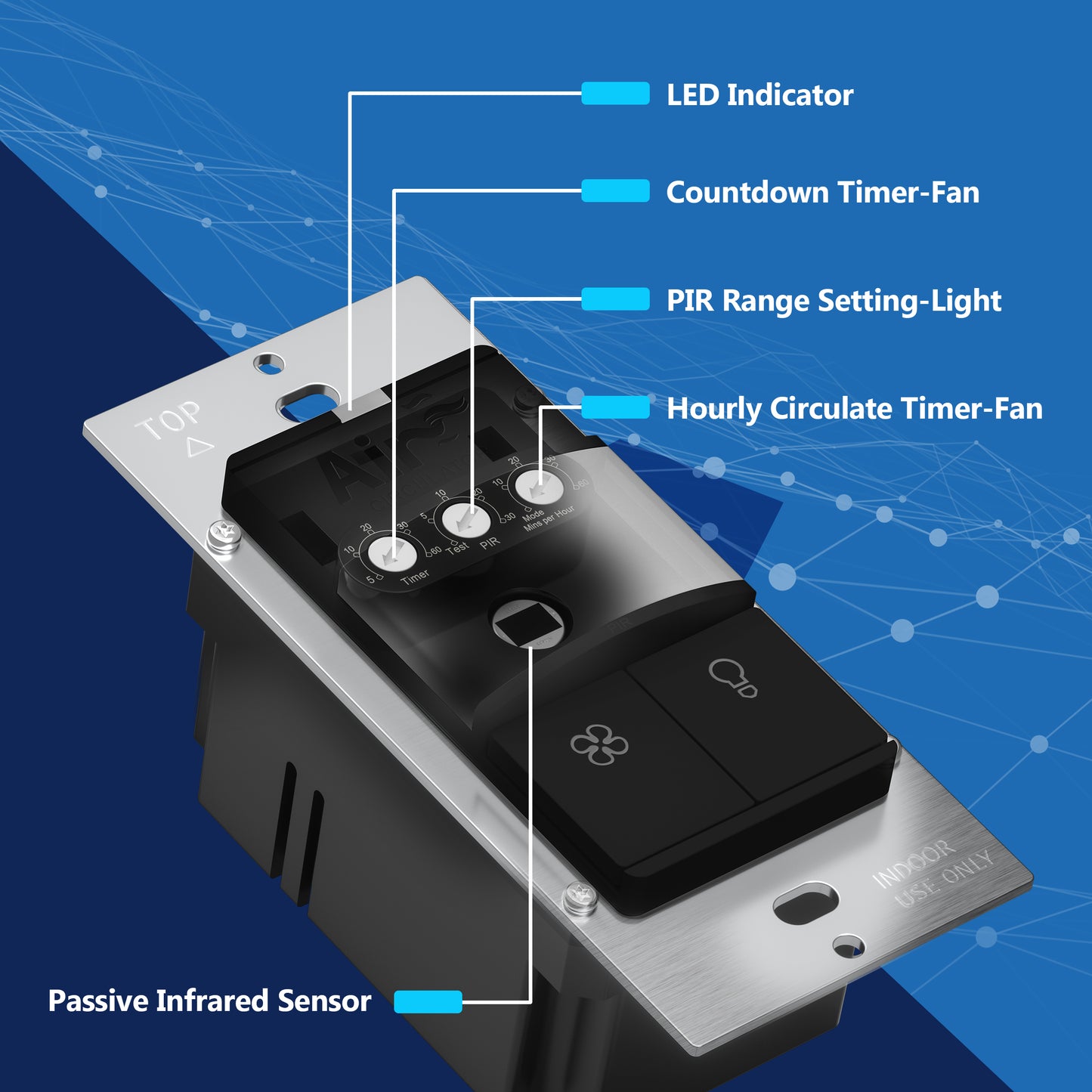 Dual Technology Fresh Air Circulator Timer and PIR Motion Sensor Light Switch, Wall Plate Included, Ground Only, No Neutral Wire Required, Single-Pole