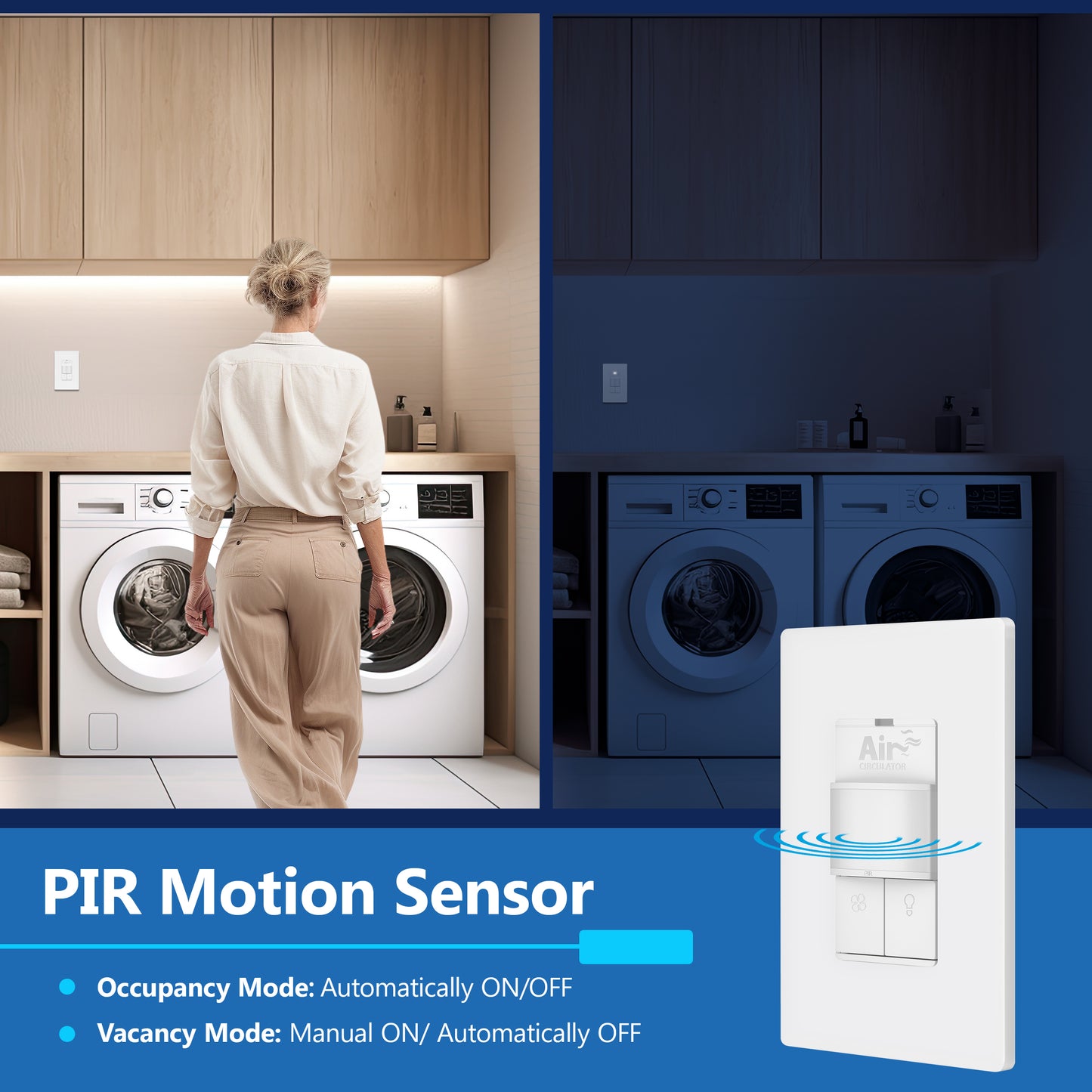 Dual Technology Fresh Air Circulator Timer and PIR Motion Sensor Light Switch, Wall Plate Included, Ground Only, No Neutral Wire Required, Single-Pole