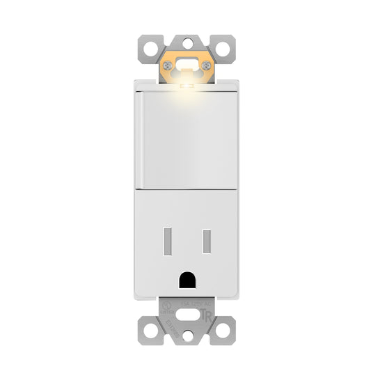 Decorator Switch and 15A Outlet Combination Device, 15A Single-Pole Paddle Light Switch & 15A Tamper Resistant Outlet, Built-in LED Locator