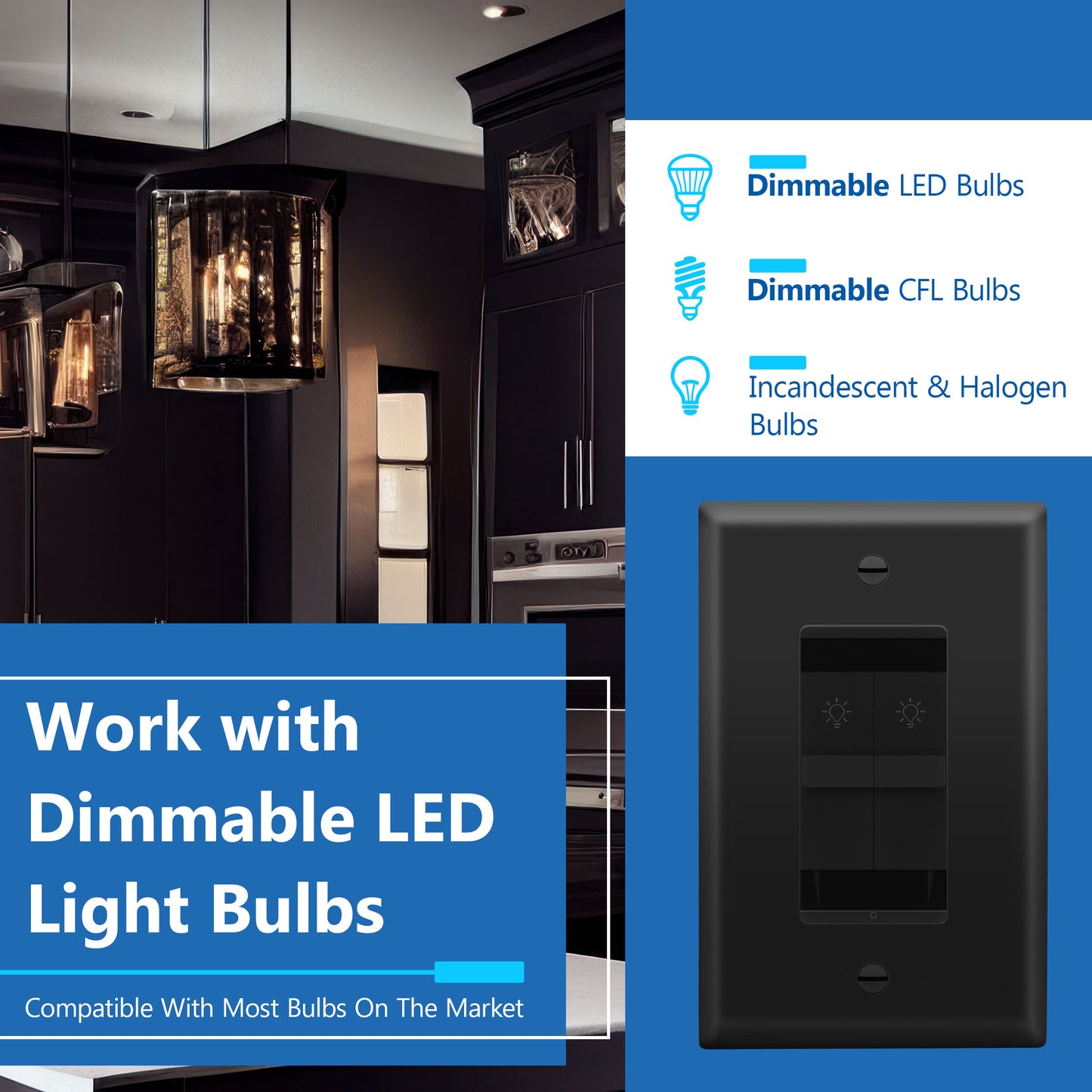Combination Dual LED Dimmer Light Switch, Single-Pole, No Neutral Required, Wall Plate Included