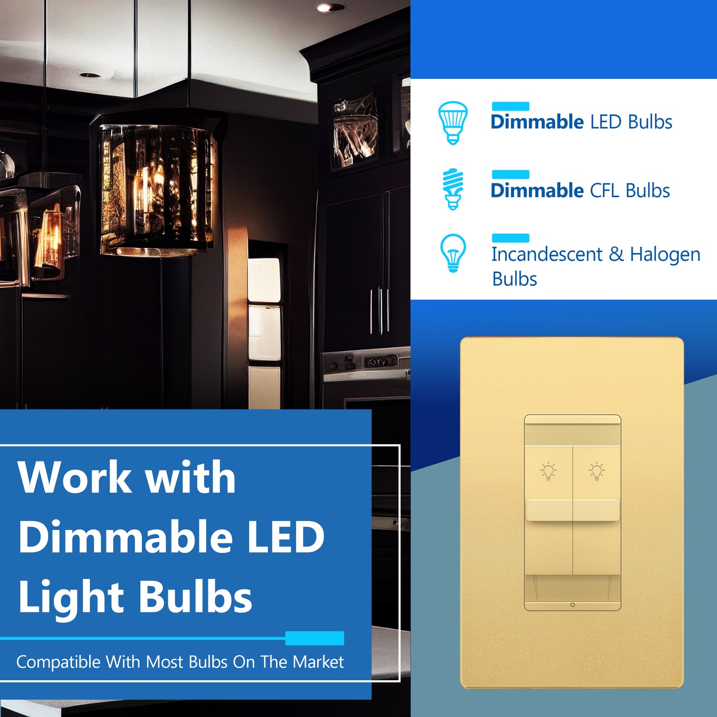 Combination Dual LED Dimmer Light Switch, Single-Pole, No Neutral Required, Wall Plate Included