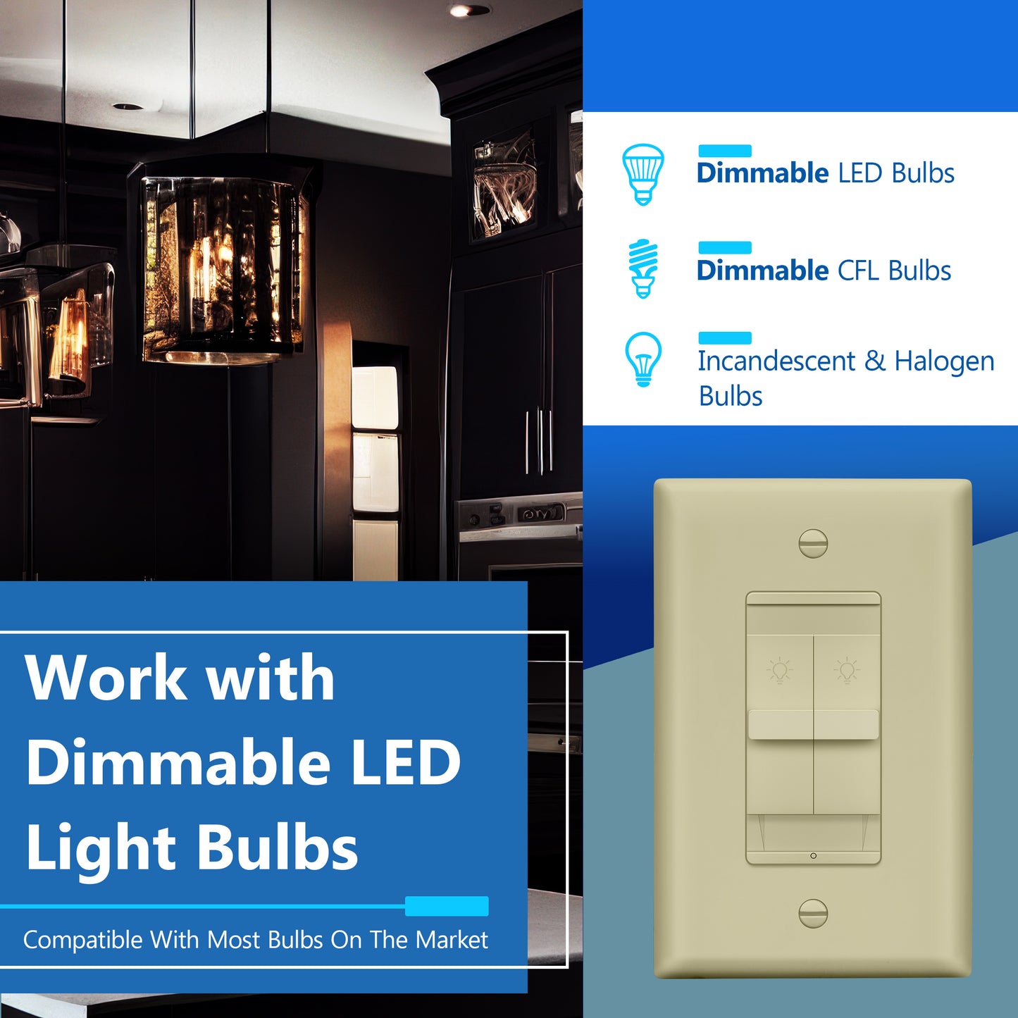 Combination Dual LED Dimmer Light Switch, Single-Pole, No Neutral Required, Wall Plate Included
