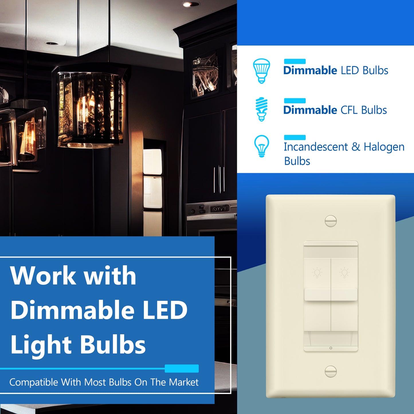 Combination Dual LED Dimmer Light Switch, Single-Pole, No Neutral Required, Wall Plate Included