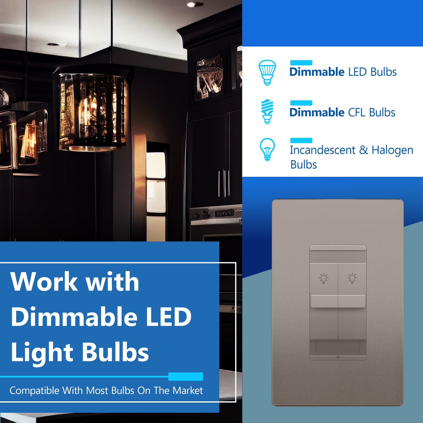 Combination Dual LED Dimmer Light Switch, Single-Pole, No Neutral Required, Wall Plate Included