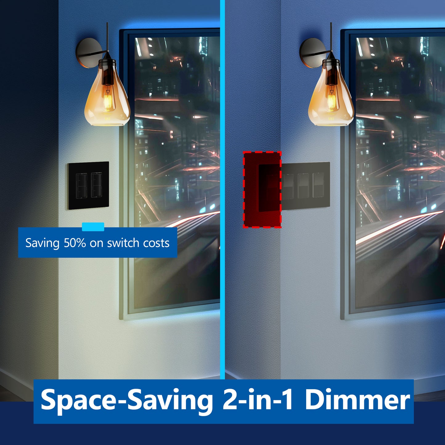 Dual Rocker Light Switch and Slide LED Dimmer, Combination Light Switch and Dimmer, Single-Pole, No Neutral Required, Wall Plate Included