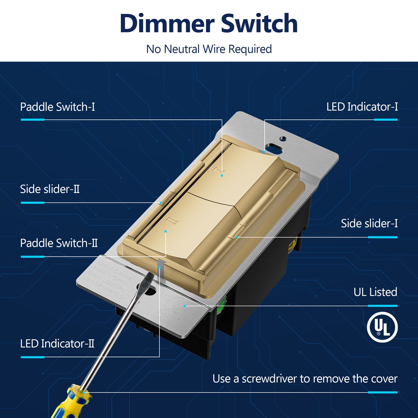 Dual Rocker Light Switch and Slide LED Dimmer, Combination Light Switch and Dimmer, Single-Pole, No Neutral Required, Wall Plate Included