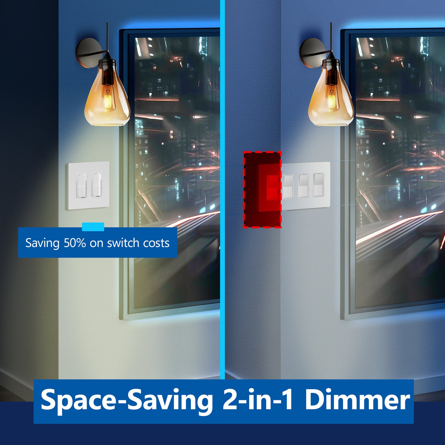 Dual Rocker Light Switch and Slide LED Dimmer, Combination Light Switch and Dimmer, Single-Pole, No Neutral Required, Wall Plate Included
