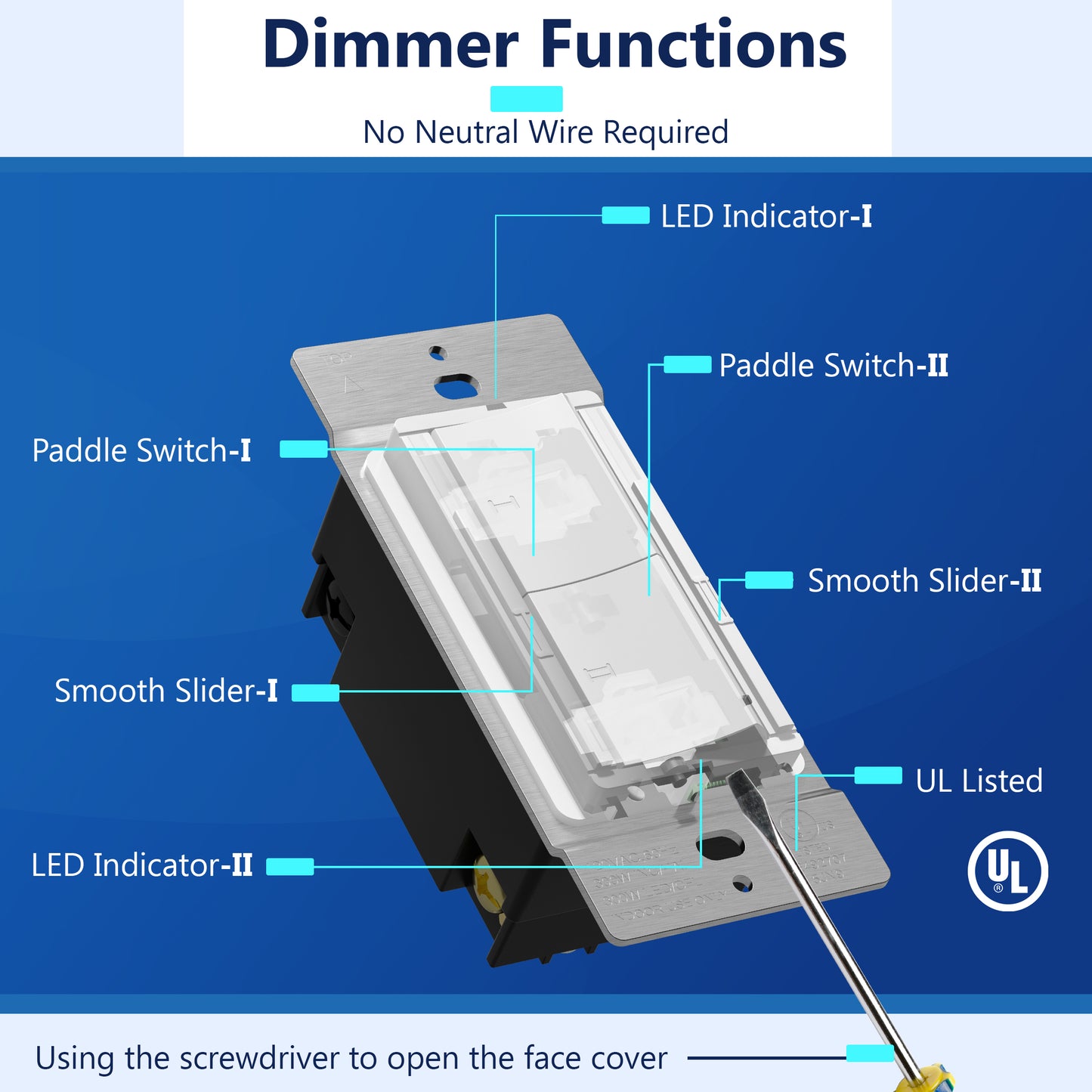 Dual Rocker Light Switch and Slide LED Dimmer, Combination Light Switch and Dimmer, Single-Pole, No Neutral Required, Wall Plate Included