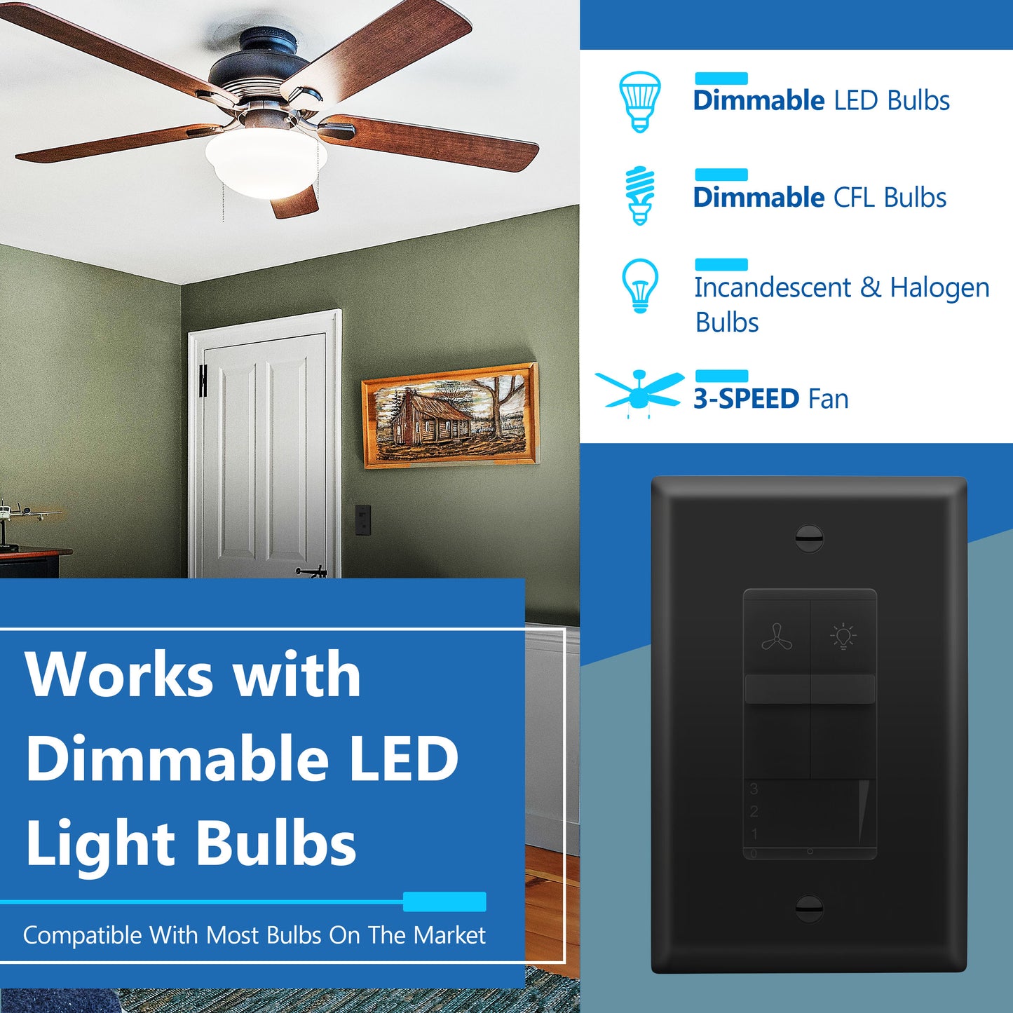 Decorator Combination LED Dimmer Light Switch and 3-Speed Fan Control, Single-Pole, No Neutral Required, Wall Plate Included