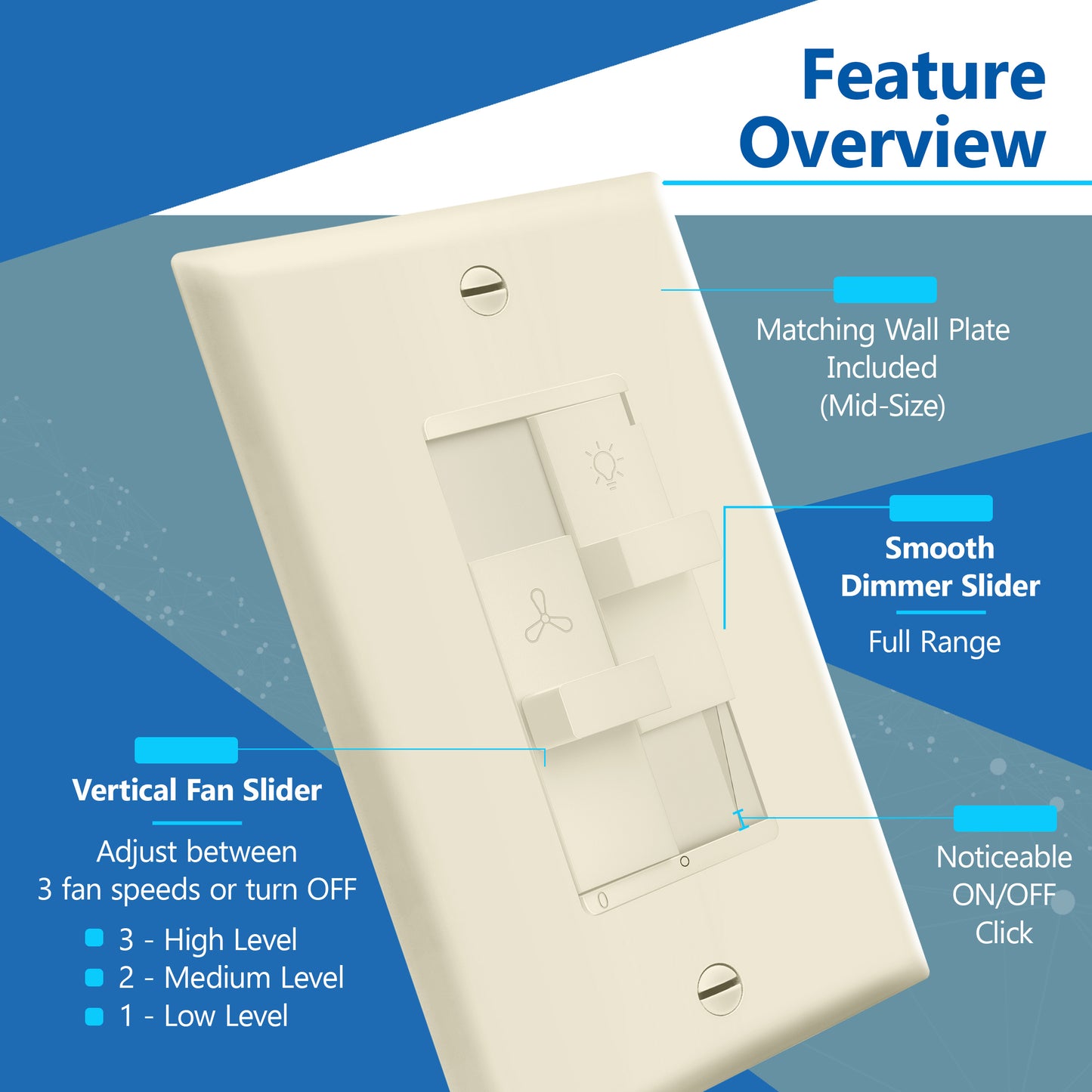 Decorator Combination LED Dimmer Light Switch and 3-Speed Fan Control, Single-Pole, No Neutral Required, Wall Plate Included