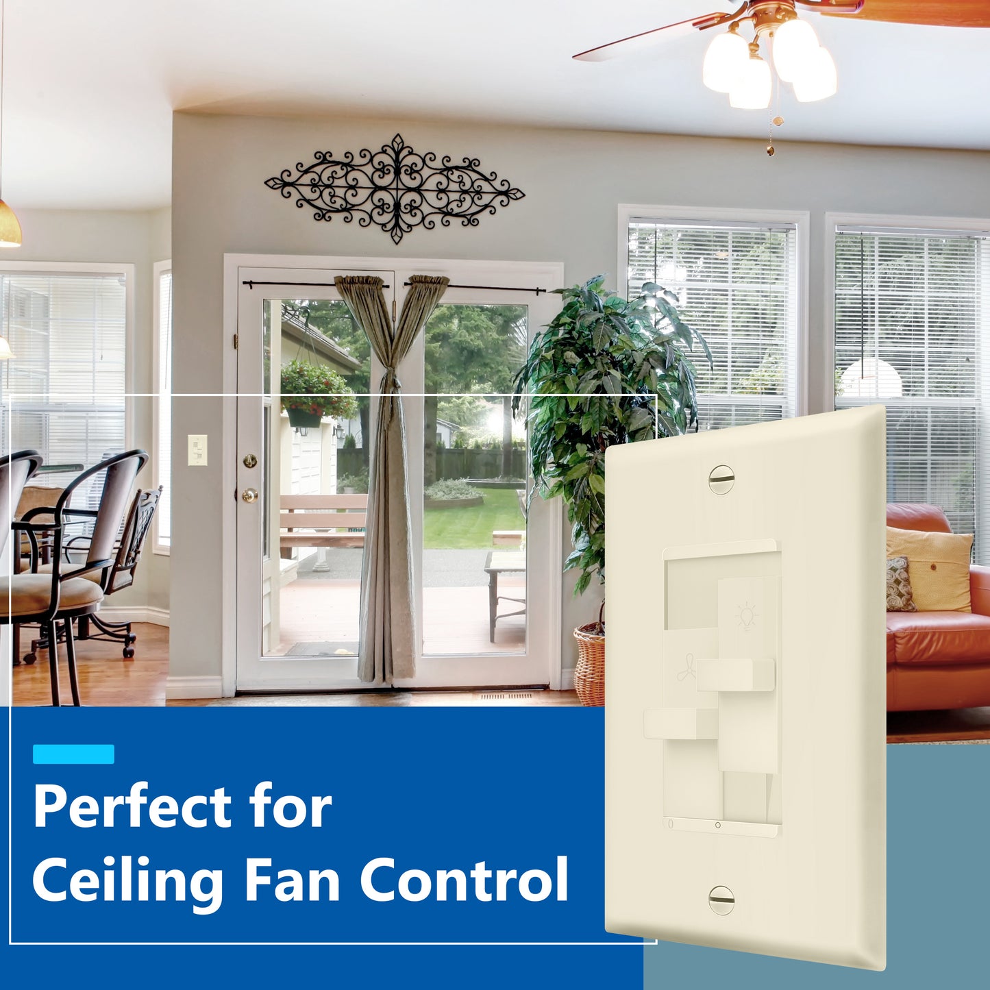 Decorator Combination LED Dimmer Light Switch and 3-Speed Fan Control, Single-Pole, No Neutral Required, Wall Plate Included