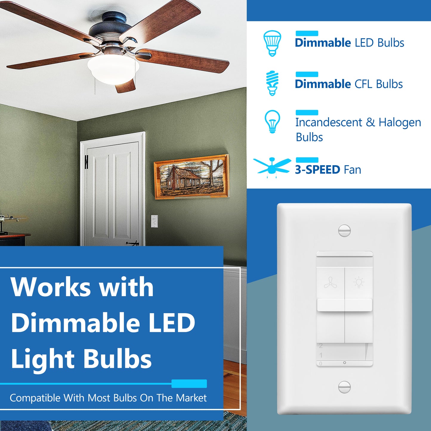 Decorator Combination LED Dimmer Light Switch and 3-Speed Fan Control, Single-Pole, No Neutral Required, Wall Plate Included