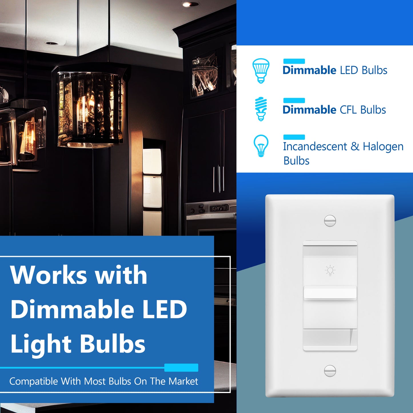 Decorator Dimmer Light Switch, Single-Pole, 200W LED/CFL, No Neutral Required, Wall Plate Included