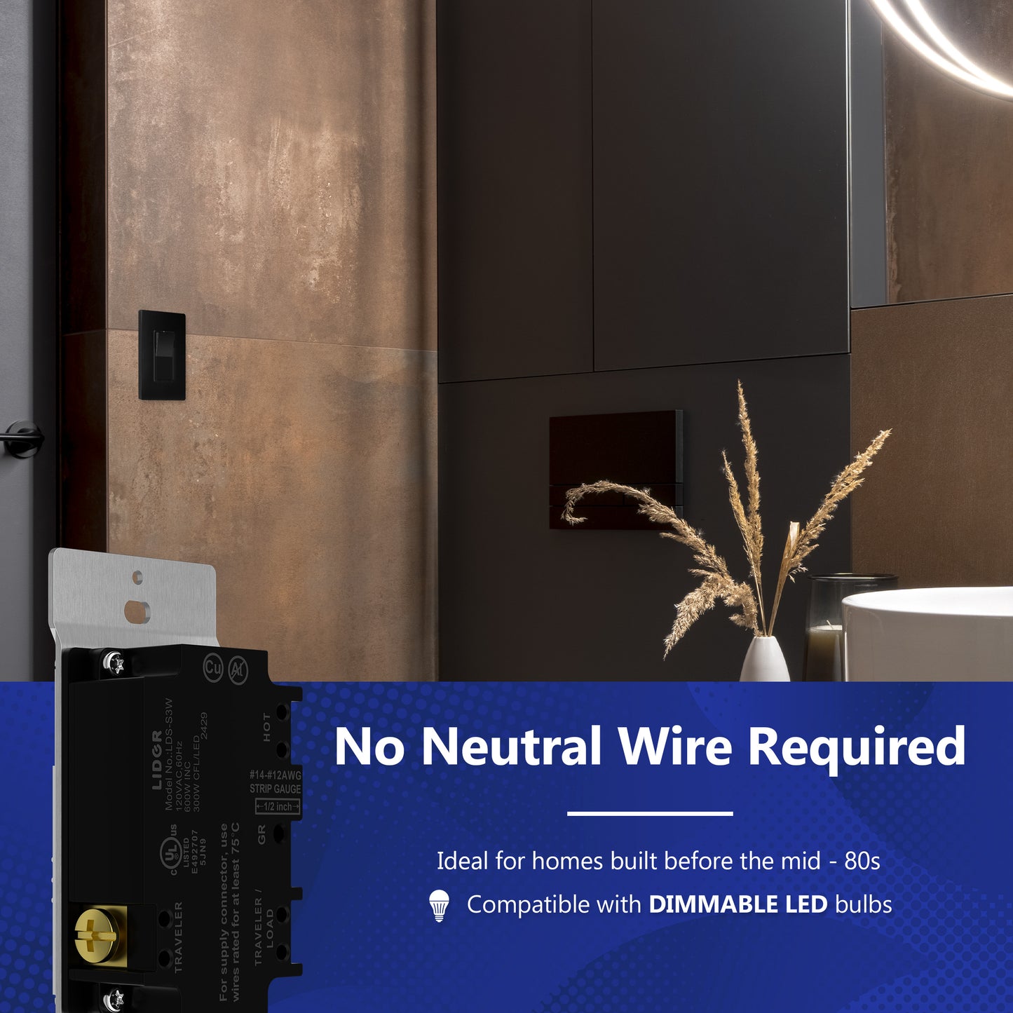 Decorator LED Dimmer Paddle Switch, 1-Pole or 3-Way, 2-Wire, 300W LED/CFL, 600W Incandescent/Halogen, LED Locator, No Neutral Required, UL-Listed, Wall Plate Included