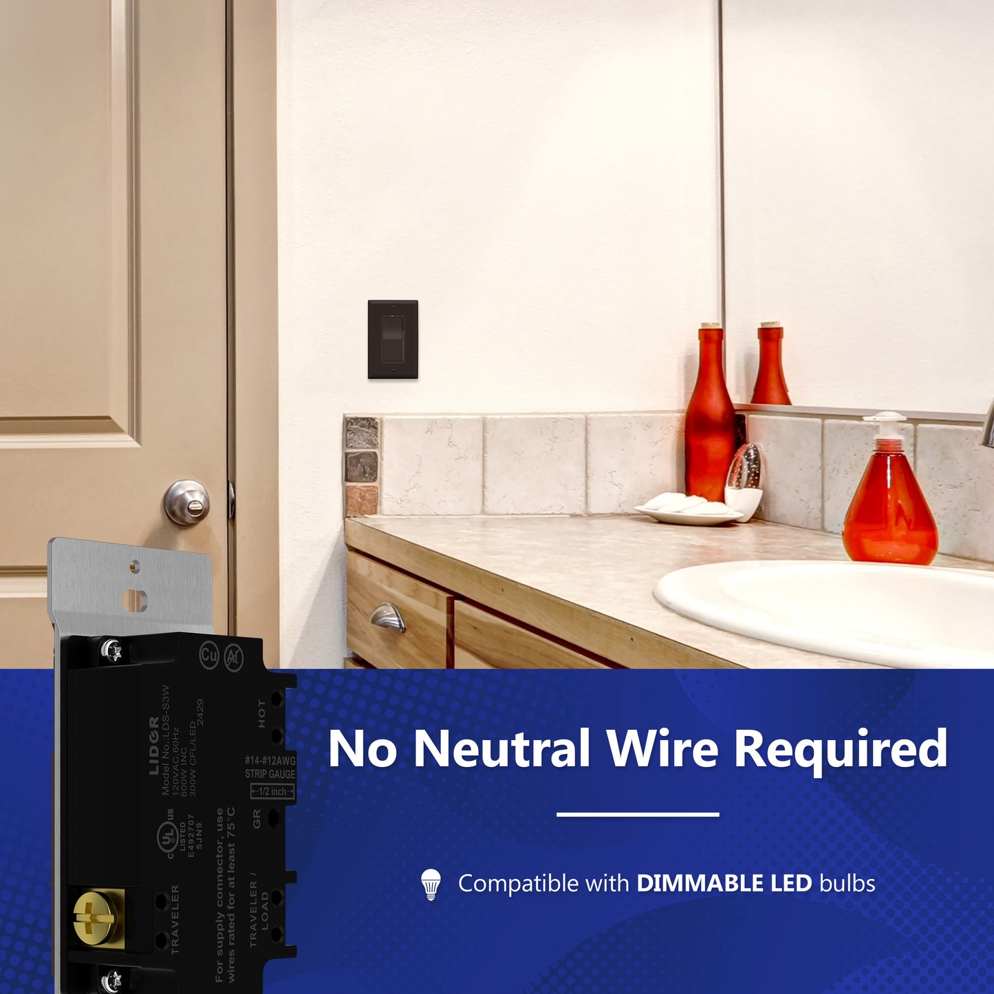 Decorator LED Dimmer Paddle Switch, 1-Pole or 3-Way, 2-Wire, 300W LED/CFL, 600W Incandescent/Halogen, LED Locator, No Neutral Required, UL-Listed, Wall Plate Included