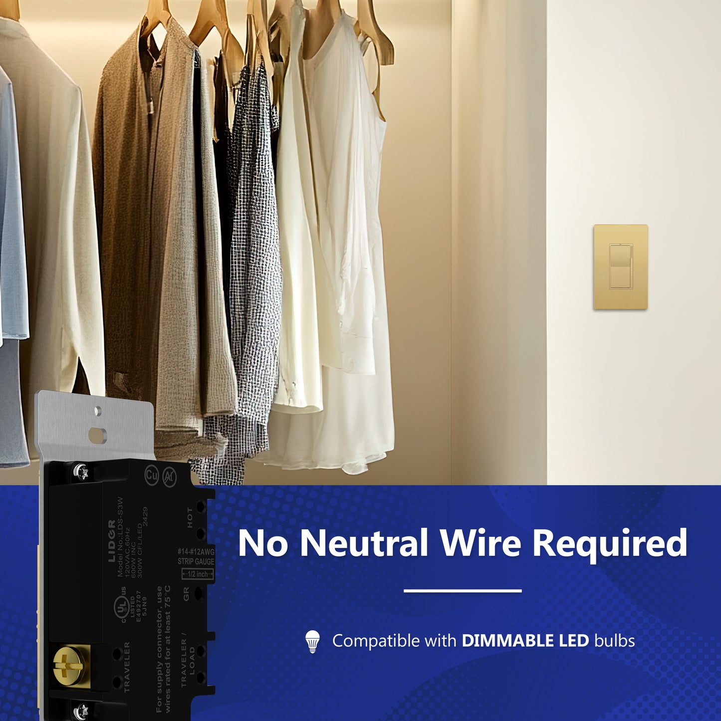 Decorator LED Dimmer Paddle Switch, 1-Pole or 3-Way, 2-Wire, 300W LED/CFL, 600W Incandescent/Halogen, LED Locator, No Neutral Required, UL-Listed, Wall Plate Included