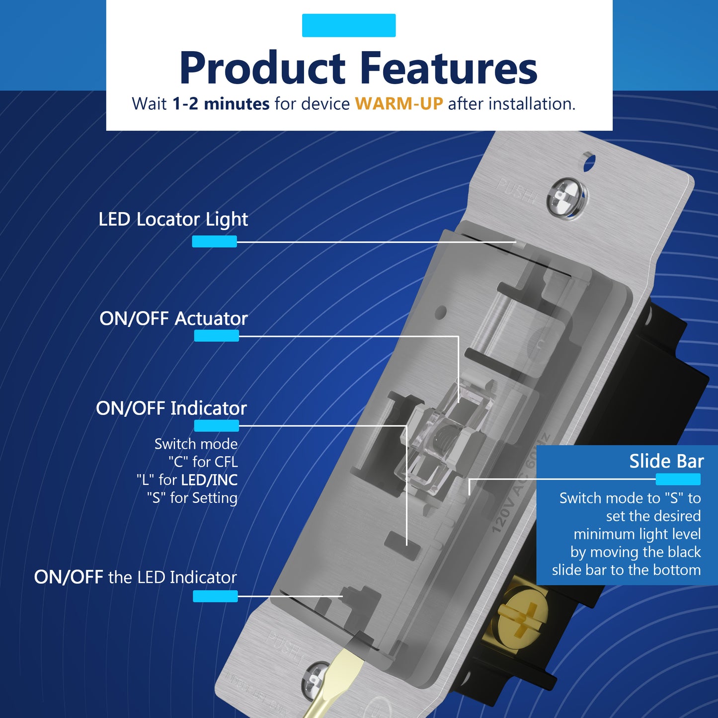 Decorator LED Dimmer Paddle Switch, 1-Pole or 3-Way, 2-Wire, 300W LED/CFL, 600W Incandescent/Halogen, LED Locator, No Neutral Required, UL-Listed, Wall Plate Included