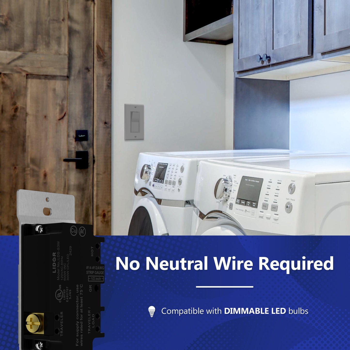 Decorator LED Dimmer Paddle Switch, 1-Pole or 3-Way, 2-Wire, 300W LED/CFL, 600W Incandescent/Halogen, LED Locator, No Neutral Required, UL-Listed, Wall Plate Included
