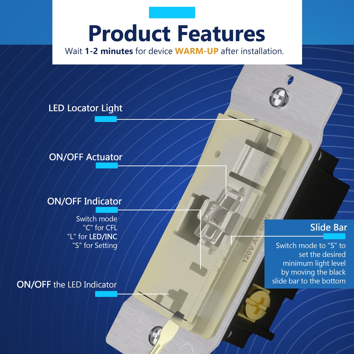 Decorator LED Dimmer Paddle Switch, 1-Pole or 3-Way, 2-Wire, 300W LED/CFL, 600W Incandescent/Halogen, LED Locator, No Neutral Required, UL-Listed, Wall Plate Included