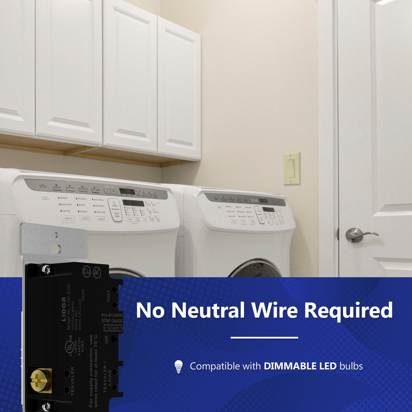 Decorator LED Dimmer Paddle Switch, 1-Pole or 3-Way, 2-Wire, 300W LED/CFL, 600W Incandescent/Halogen, LED Locator, No Neutral Required, UL-Listed, Wall Plate Included
