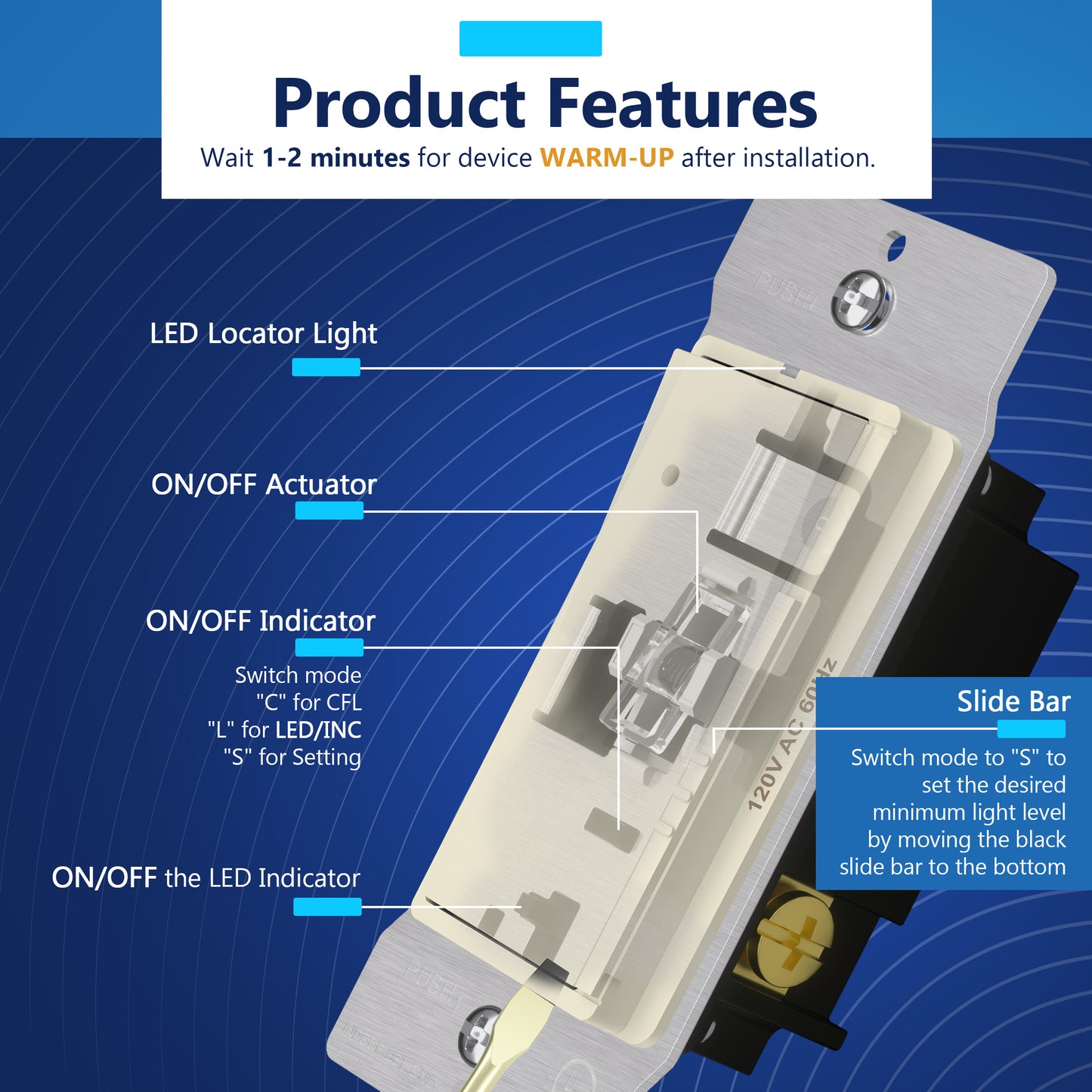 Decorator LED Dimmer Paddle Switch, 1-Pole or 3-Way, 2-Wire, 300W LED/CFL, 600W Incandescent/Halogen, LED Locator, No Neutral Required, UL-Listed, Wall Plate Included