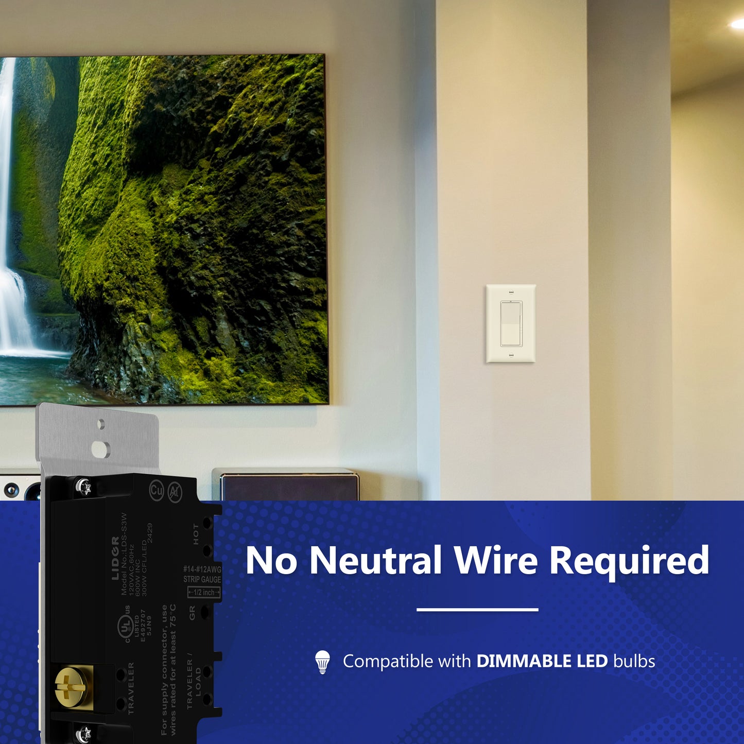 Decorator LED Dimmer Paddle Switch, 1-Pole or 3-Way, 2-Wire, 300W LED/CFL, 600W Incandescent/Halogen, LED Locator, No Neutral Required, UL-Listed, Wall Plate Included