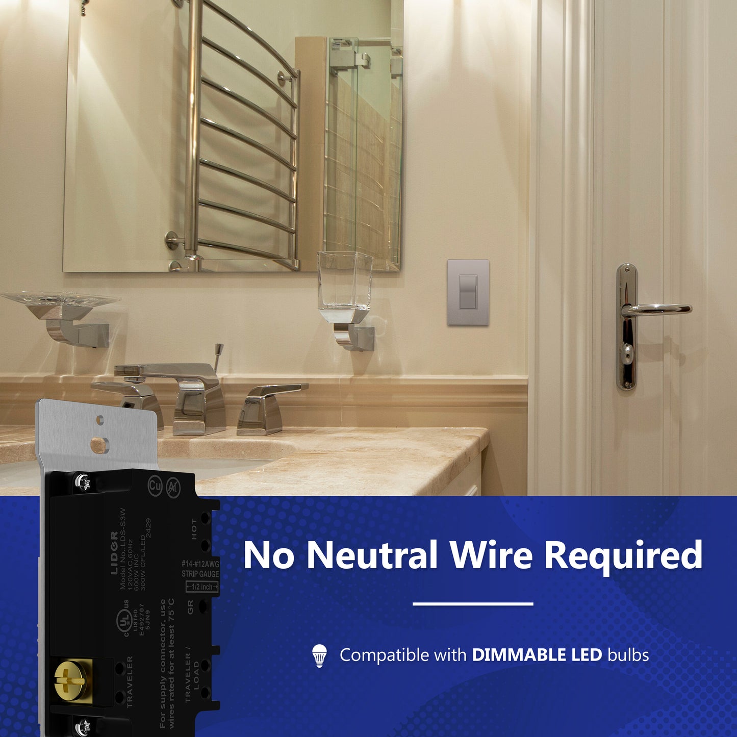 Decorator LED Dimmer Paddle Switch, 1-Pole or 3-Way, 2-Wire, 300W LED/CFL, 600W Incandescent/Halogen, LED Locator, No Neutral Required, UL-Listed, Wall Plate Included