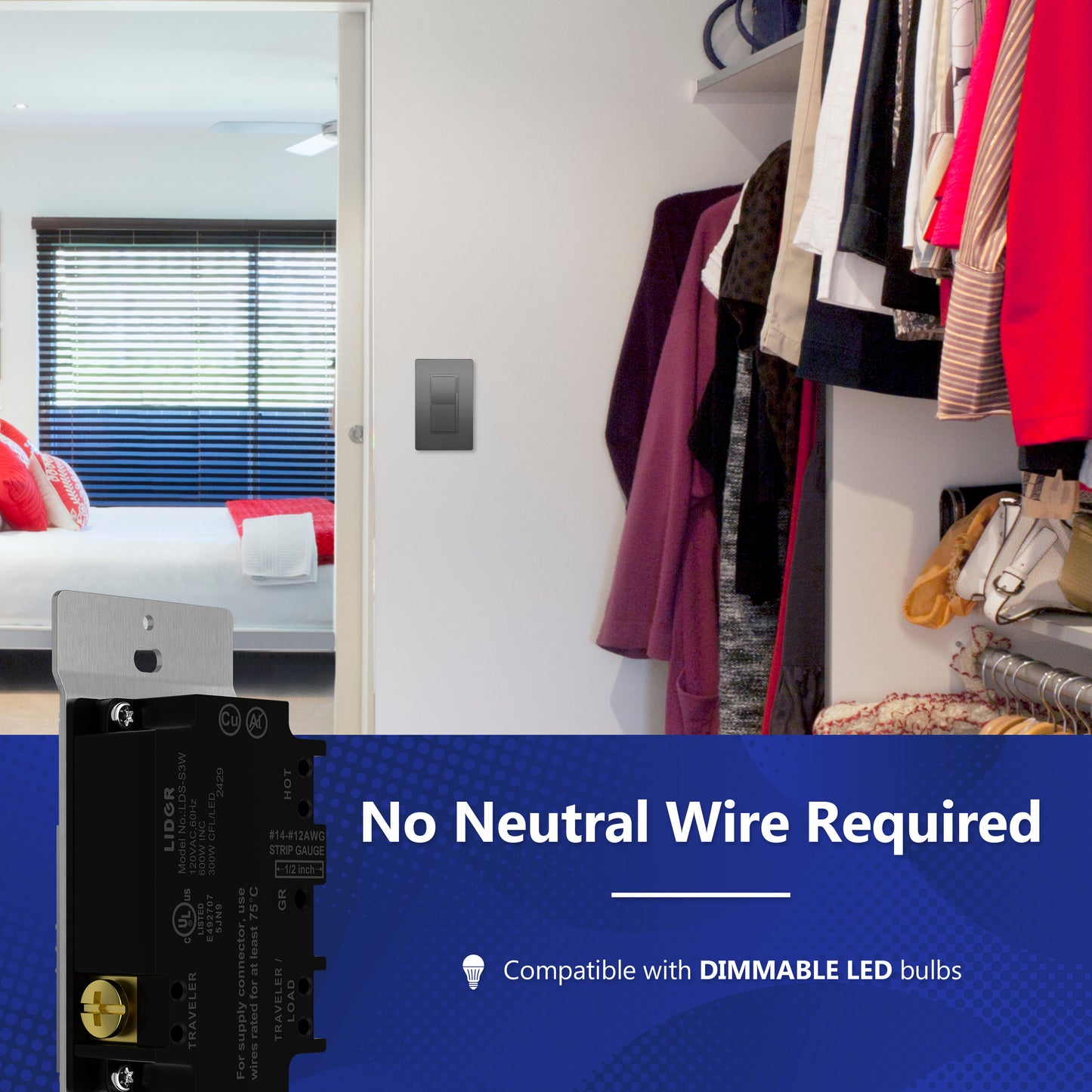 Decorator LED Dimmer Paddle Switch, 1-Pole or 3-Way, 2-Wire, 300W LED/CFL, 600W Incandescent/Halogen, LED Locator, No Neutral Required, UL-Listed, Wall Plate Included