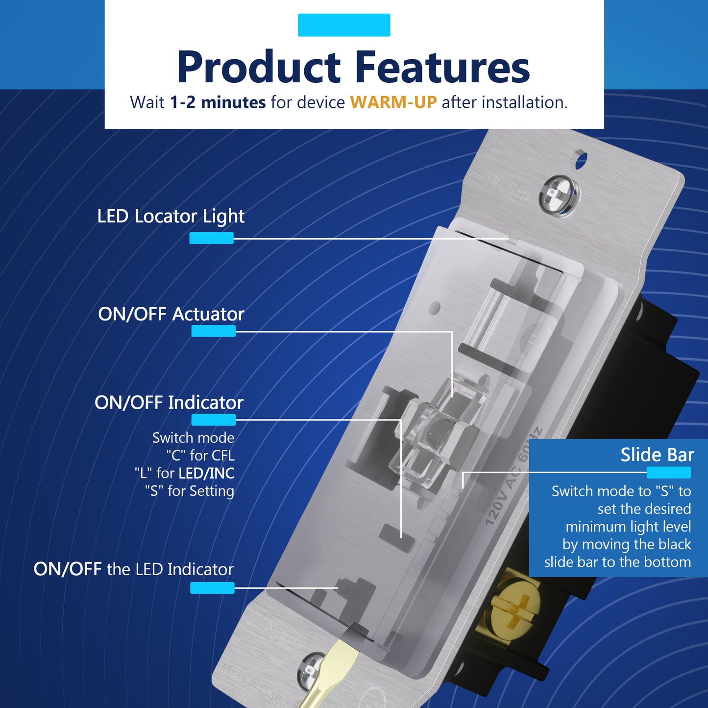 Decorator LED Dimmer Paddle Switch, 1-Pole or 3-Way, 2-Wire, 300W LED/CFL, 600W Incandescent/Halogen, LED Locator, No Neutral Required, UL-Listed, Wall Plate Included