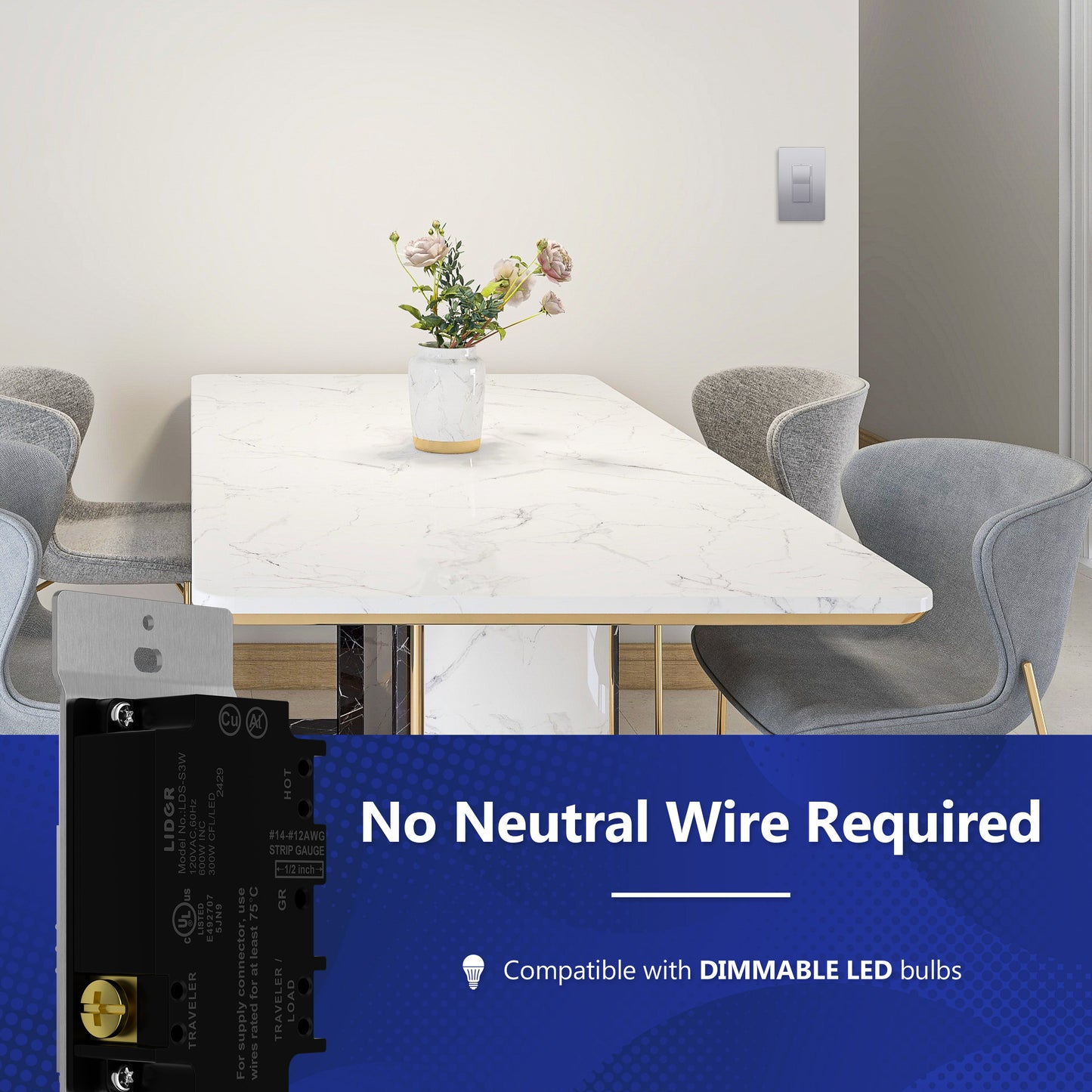 Decorator LED Dimmer Paddle Switch, 1-Pole or 3-Way, 2-Wire, 300W LED/CFL, 600W Incandescent/Halogen, LED Locator, No Neutral Required, UL-Listed, Wall Plate Included