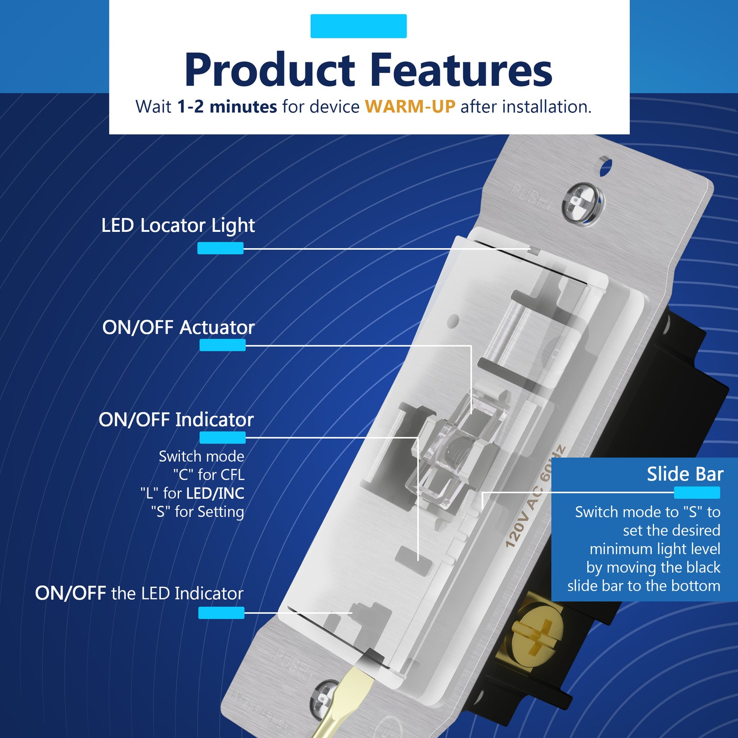 Decorator LED Dimmer Paddle Switch, 1-Pole or 3-Way, 2-Wire, 300W LED/CFL, 600W Incandescent/Halogen, LED Locator, No Neutral Required, UL-Listed, Wall Plate Included