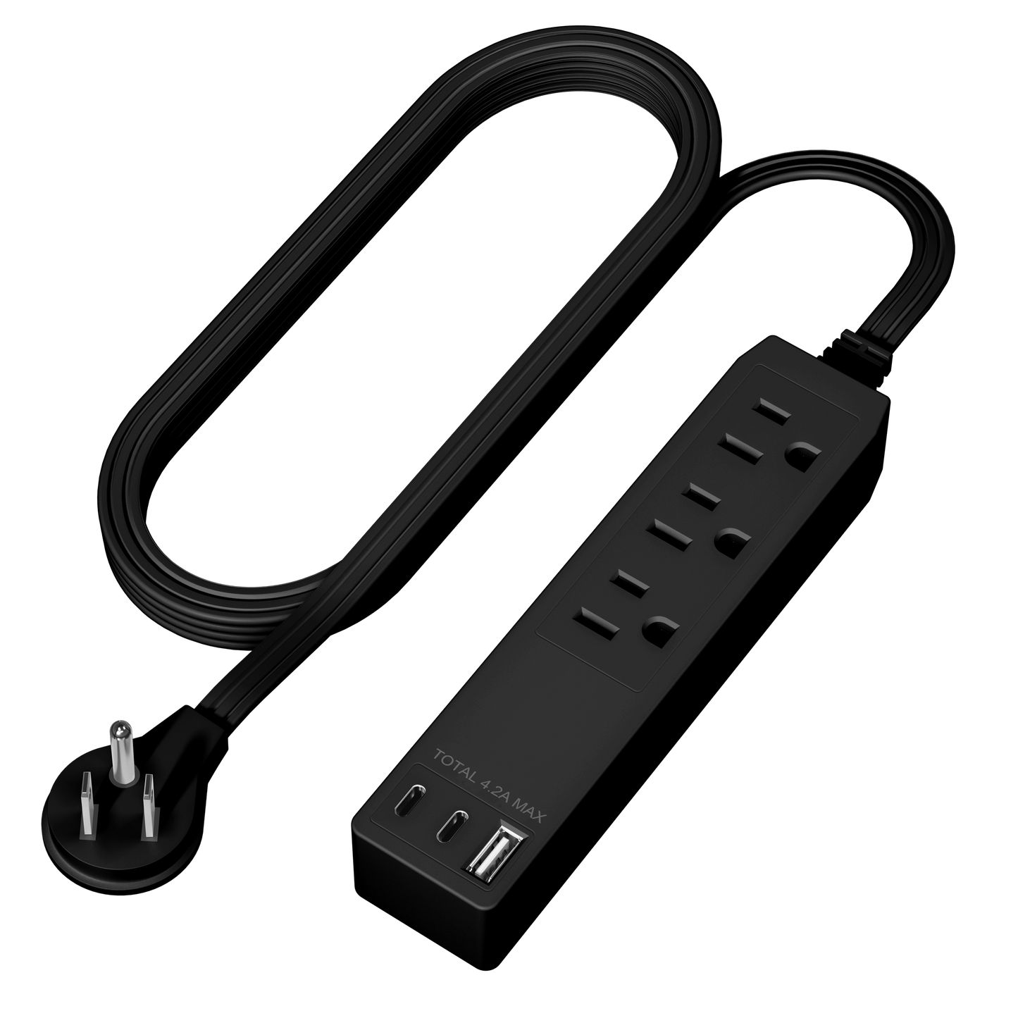 3-Outlet Power Strip with USB Type A and C Charger, 1 Type A and 2 Type C Ports, Max 4.2A, Off Set 45-degree Angle Thin Plug, 5 Feet Extension Cord
