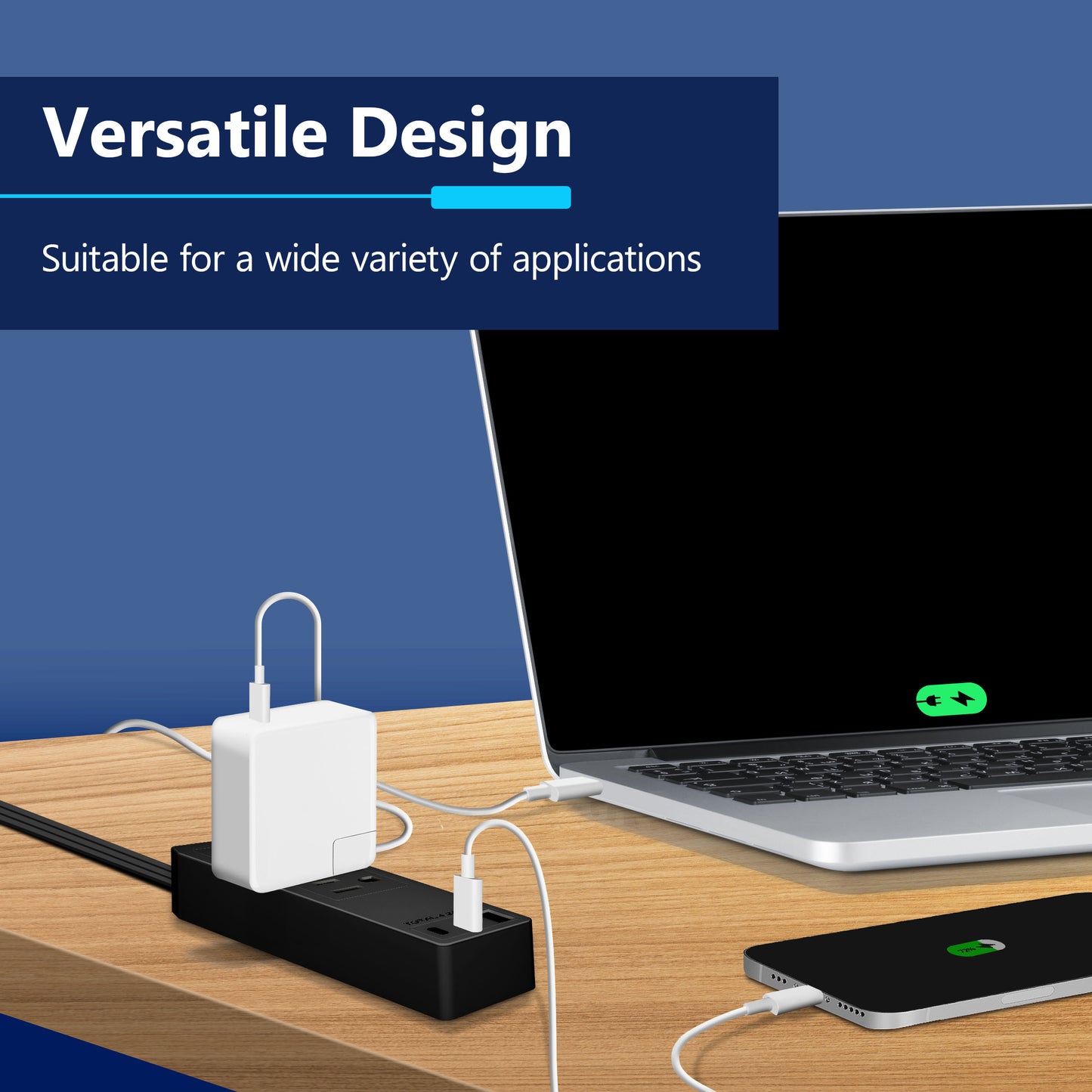 3-Outlet Power Strip with USB Type A and C Charger, 1 Type A and 2 Type C Ports, Max 4.2A, Off Set 45-degree Angle Thin Plug, 5 Feet Extension Cord