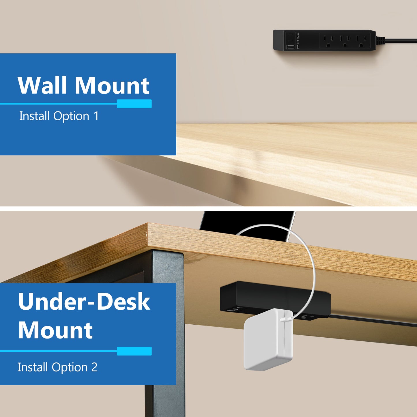 3-Outlet Power Strip with USB Type A and C Charger, 1 Type A and 2 Type C Ports, Max 4.2A, Off Set 45-degree Angle Thin Plug, 5 Feet Extension Cord
