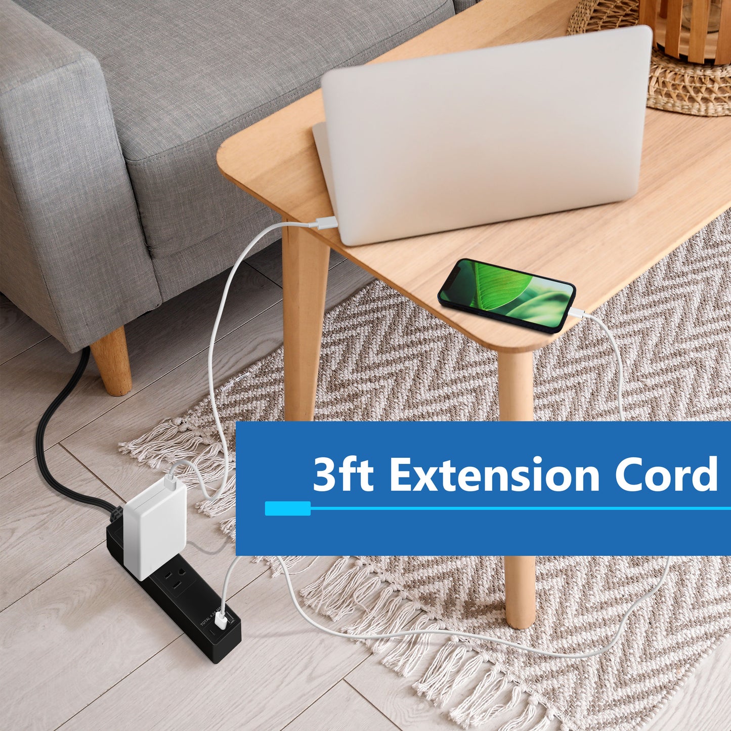 3-Outlet Power Strip with USB Type A and C Charger, 1 Type A and 2 Type C Ports, Max 4.2A, Off Set 45-degree Angle Thin Plug, 5 Feet Extension Cord