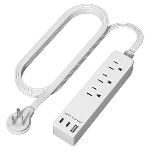 3-Outlet Power Strip with USB Type A and C Charger, 1 Type A and 2 Type C Ports, Max 4.2A, Off Set 45-degree Angle Thin Plug, 5 Feet Extension Cord