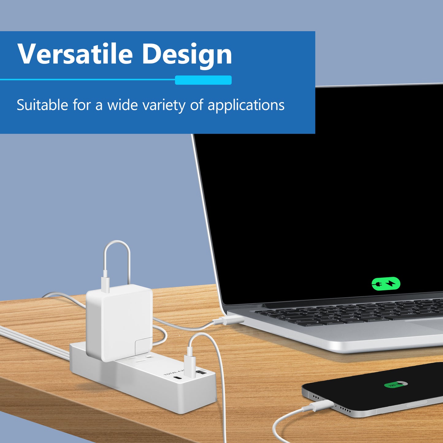 3-Outlet Power Strip with USB Type A and C Charger, 1 Type A and 2 Type C Ports, Max 4.2A, Off Set 45-degree Angle Thin Plug, 5 Feet Extension Cord