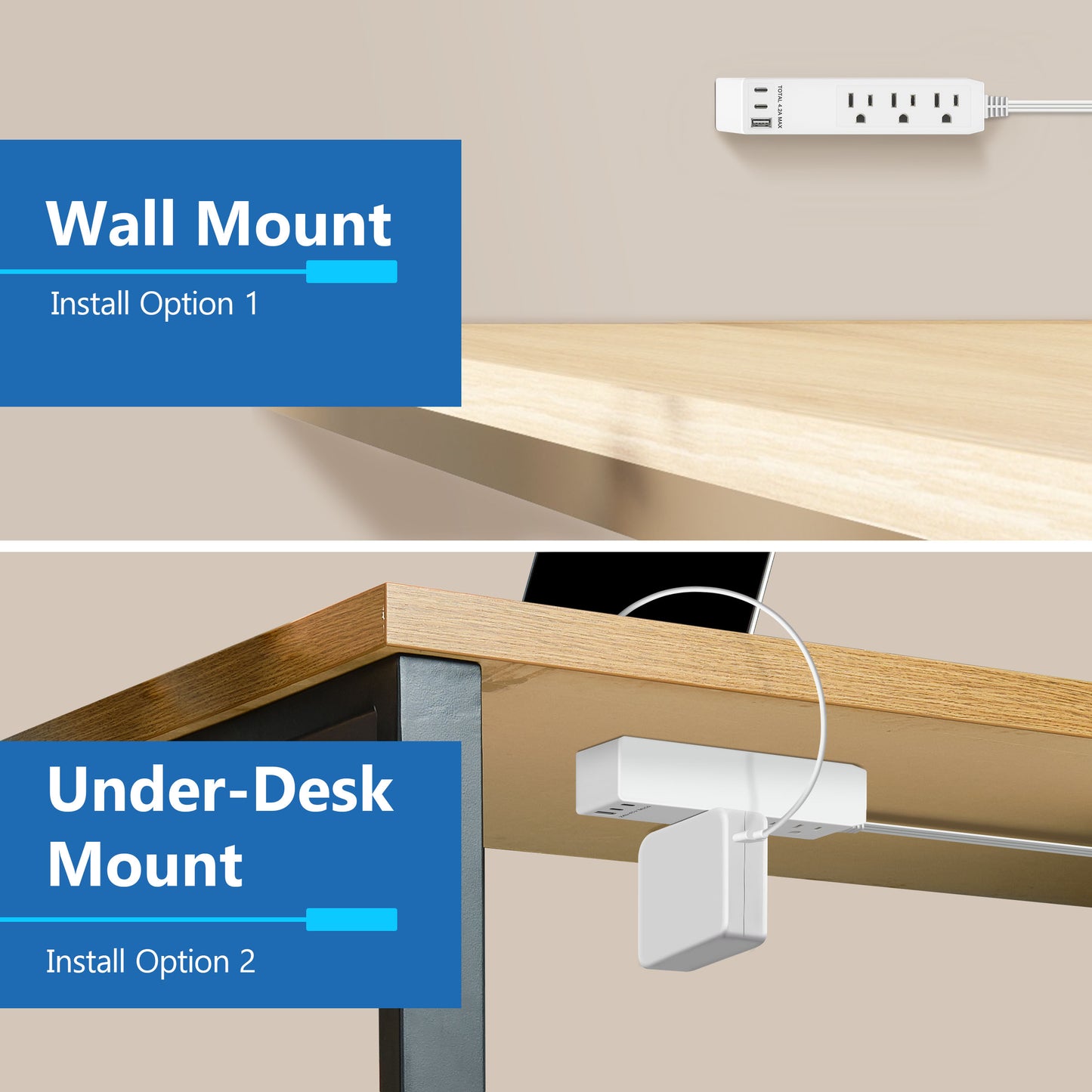 3-Outlet Power Strip with USB Type A and C Charger, 1 Type A and 2 Type C Ports, Max 4.2A, Off Set 45-degree Angle Thin Plug, 5 Feet Extension Cord