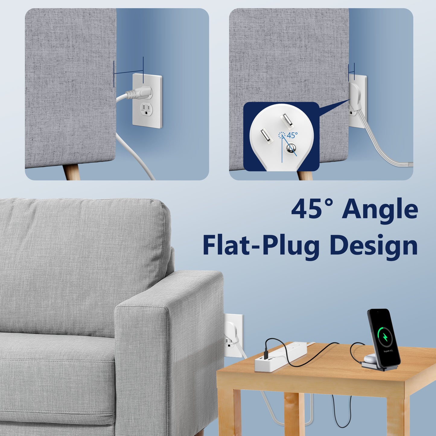3-Outlet Power Strip with USB Type A and C Charger, 1 Type A and 2 Type C Ports, Max 4.2A, Off Set 45-degree Angle Thin Plug, 5 Feet Extension Cord
