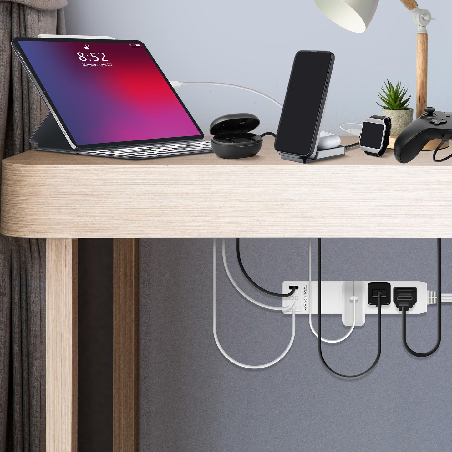 3-Outlet Power Strip with USB Type A and C Charger, 1 Type A and 2 Type C Ports, Max 4.2A, Off Set 45-degree Angle Thin Plug, 5 Feet Extension Cord