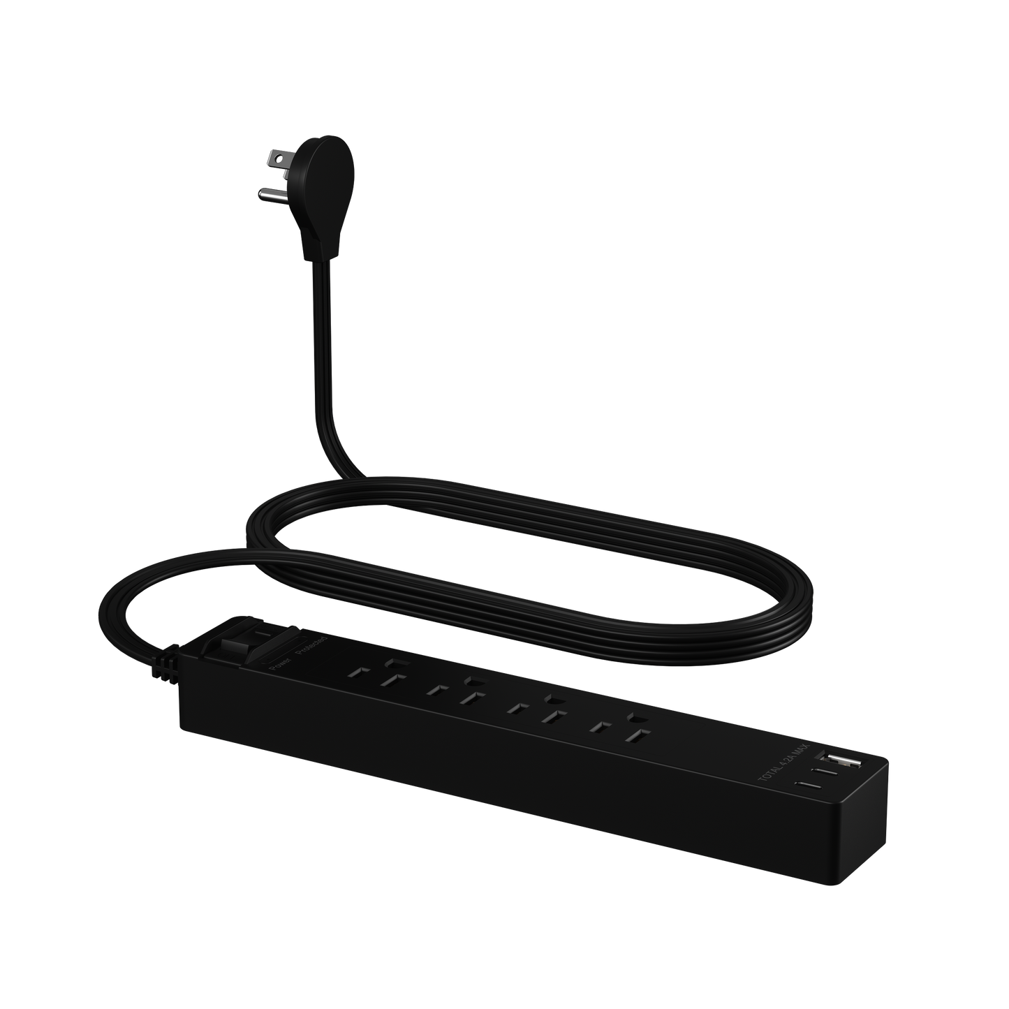 4-Outlet Surge Protected Power Strip with USB Type A and C Charger, 1 Type A and 2 Type C ports, Max 4.2A, Surge Protection Up to 1500J, Off Set 45-degree Angle Thin Plug, 5 Feet Extension Cord