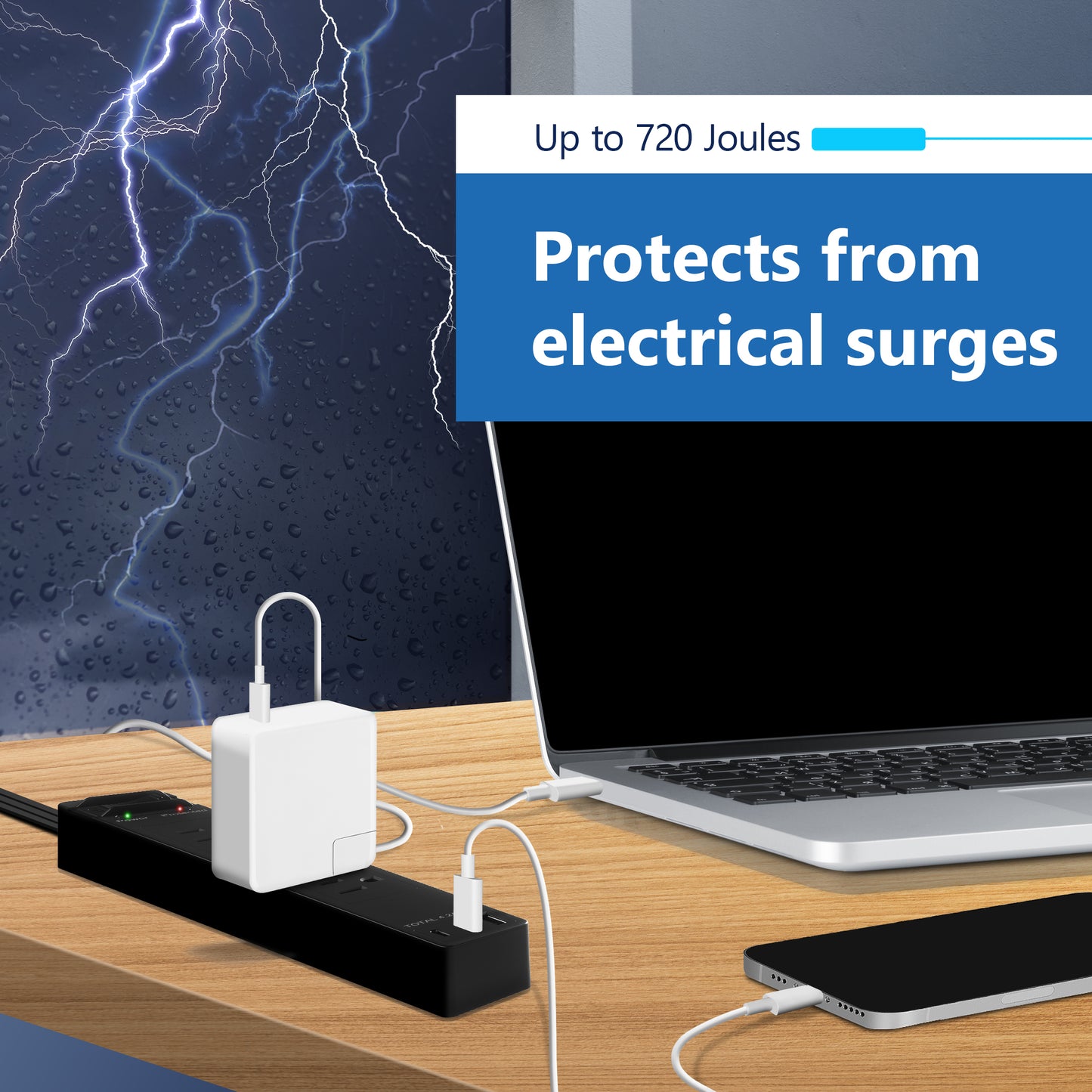 4-Outlet Surge Protected Power Strip with USB Type A and C Charger, 1 Type A and 2 Type C ports, Max 4.2A, Surge Protection Up to 1500J, Off Set 45-degree Angle Thin Plug, 5 Feet Extension Cord